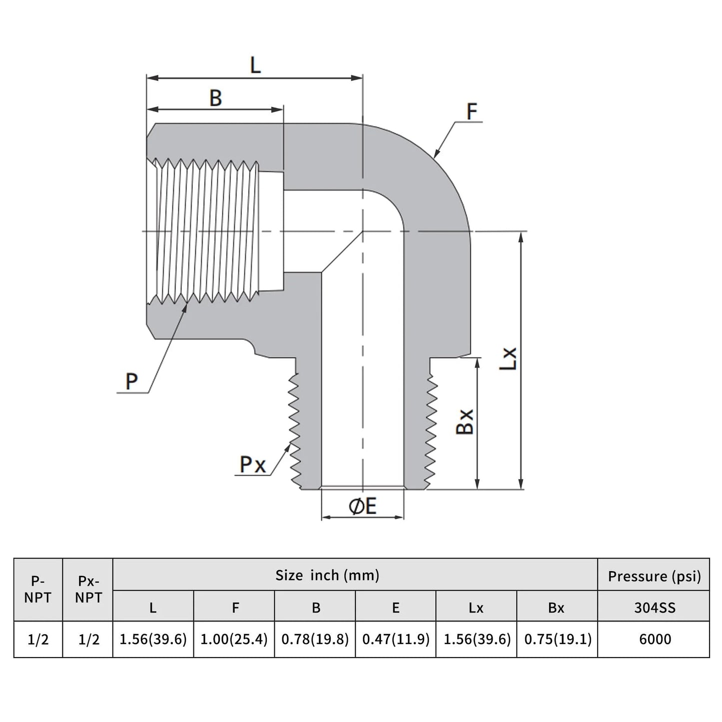 Technical diagram of 304 Stainless Steel High Pressure 6000 Psi Right Angle Street Elbow Pipe Fitting Male To Female Thread Barstock.