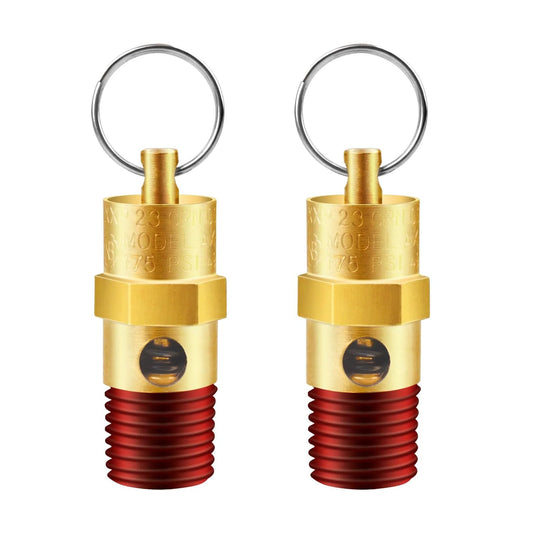 Brass One Quarter Inch NPT Pressure Relief Valve For Air Compressors, 175 PSI, Dual Pack, Safety Check Valve, Rust Resistant, Easy Install