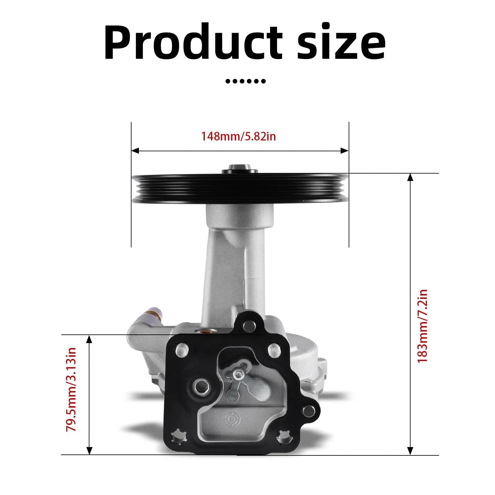 Front view of Premium Vacuum Pump For Chevy Tahoe Silverado Suburban 1500 Cadillac Escalade GMC Yukon Sierra Denali 1500 Fits 2014 To 2020 With 4.3L 5.3L And 6.2L Engines OEM Part 904861 showing dimensions