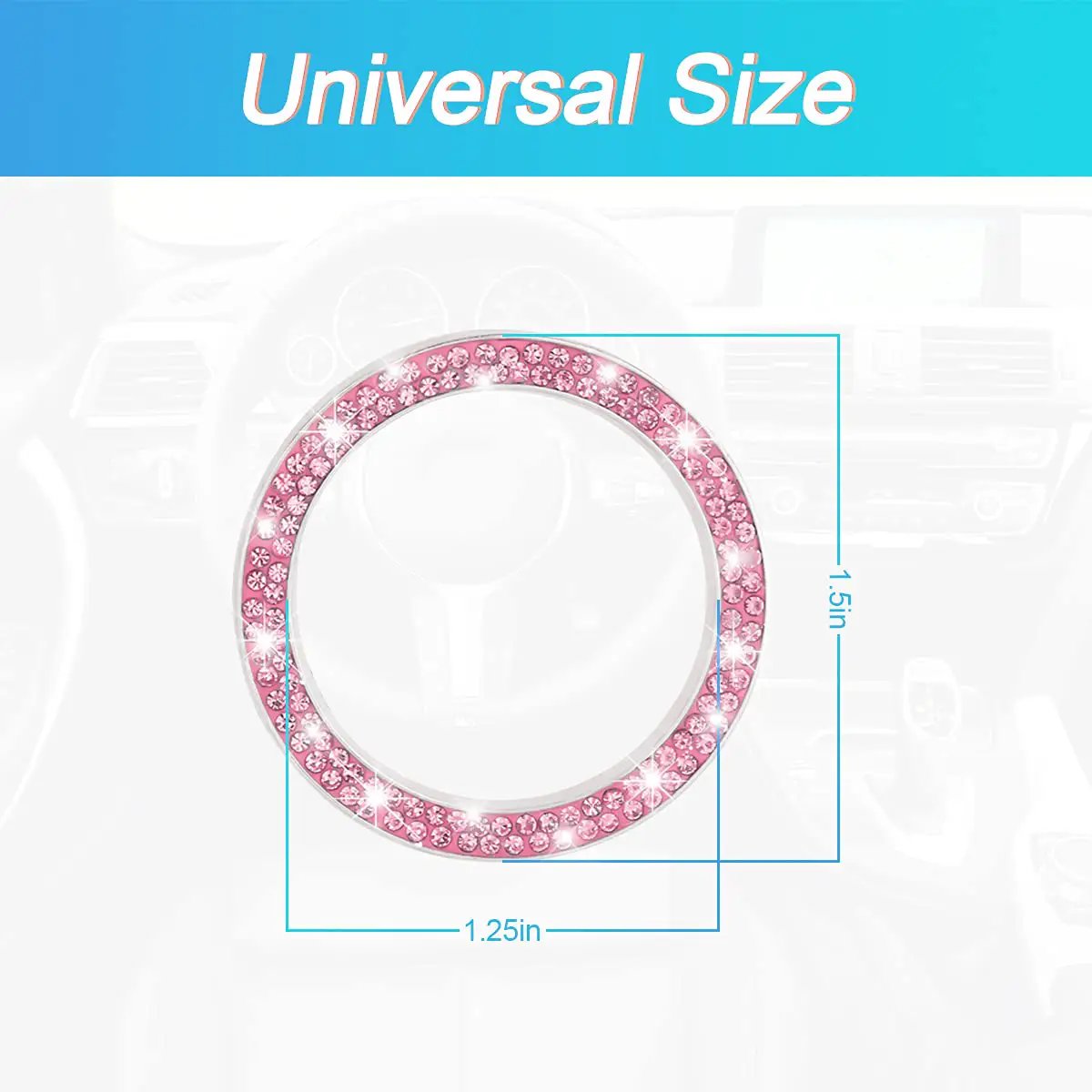 Close-up of Pink Car Start Button Bling Ring Set 2 Pack Crystal Rhinestone Decals showing dimensions and universal size for car start buttons.