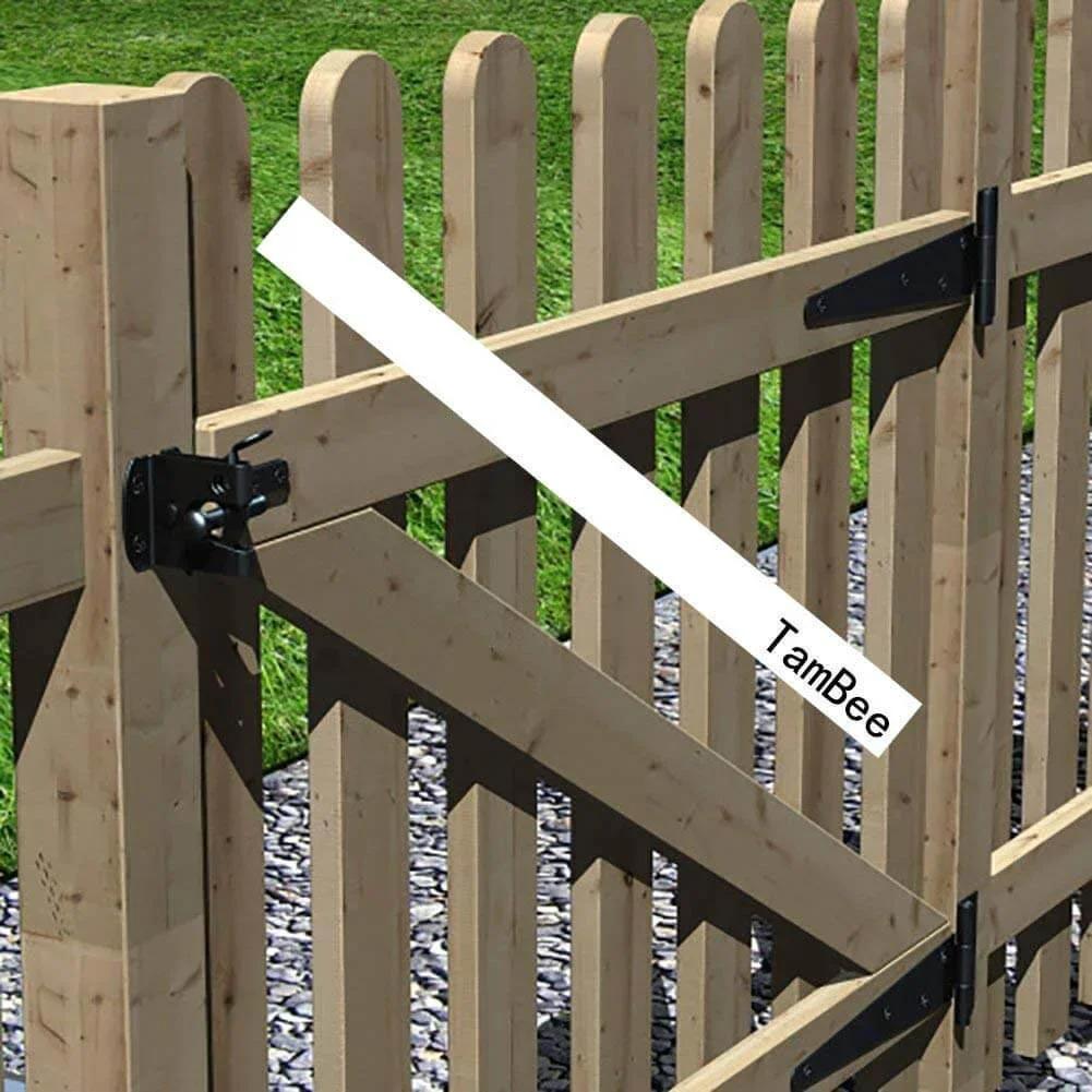 Wooden gate with 8 Inch T Strap Barn Door Hinges Heavy Duty Gate Hinge Set Black Wrought Iron Rustproof 6 Pcs installed