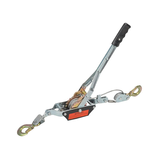 4 Ton Dual Gear Come Along Power Puller with two hooks and steel cable for heavy duty lifting hand winch, front view.