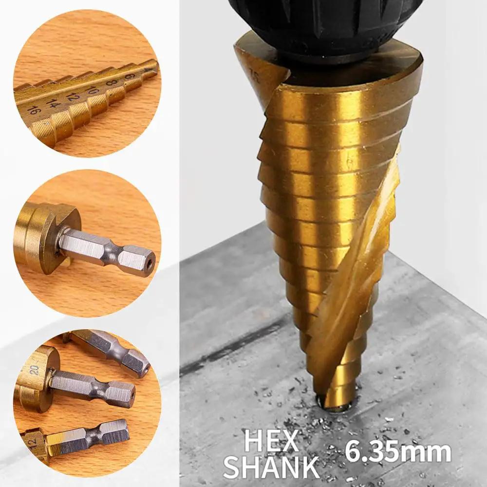 Step Drill Bit Set 4 To 22mm HSS Titanium Coated With Quick Change Cone And 1 Quarter Inch Hex Shank drilling into metal