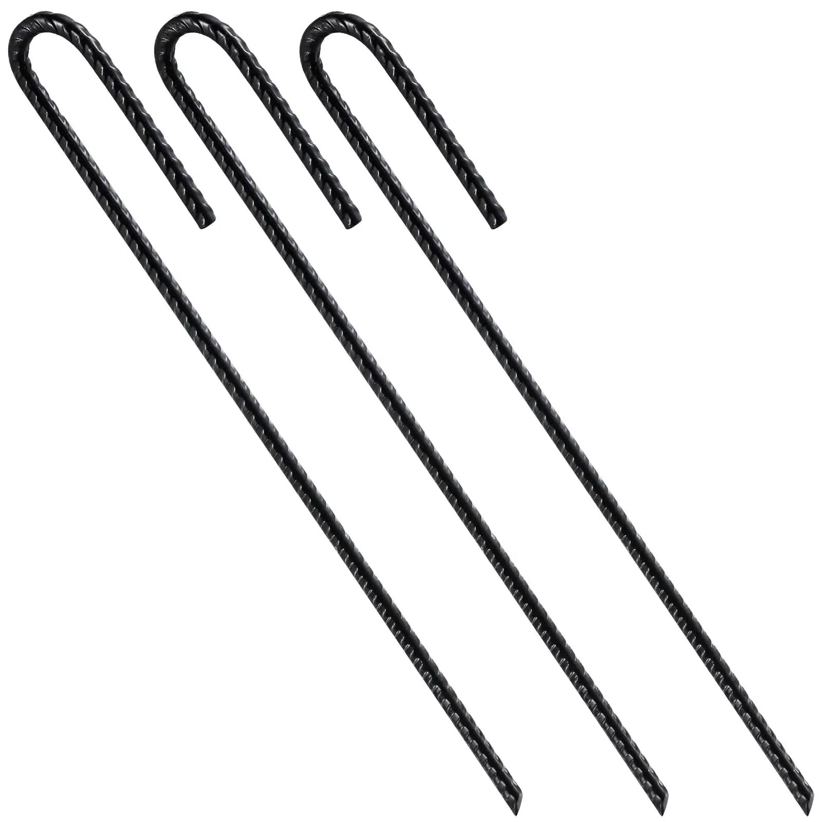 Extra Heavy Duty UJ Hook Rebar Ground Anchors Twelve Inch Long By One Quarter Inch Diameter Rust Proof Coated Steel For Garden Tent And Trampoline