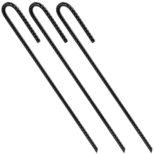 Extra Heavy Duty UJ Hook Rebar Ground Anchors Twelve Inch Long By One Quarter Inch Diameter Rust Proof Coated Steel For Garden Tent And Trampoline