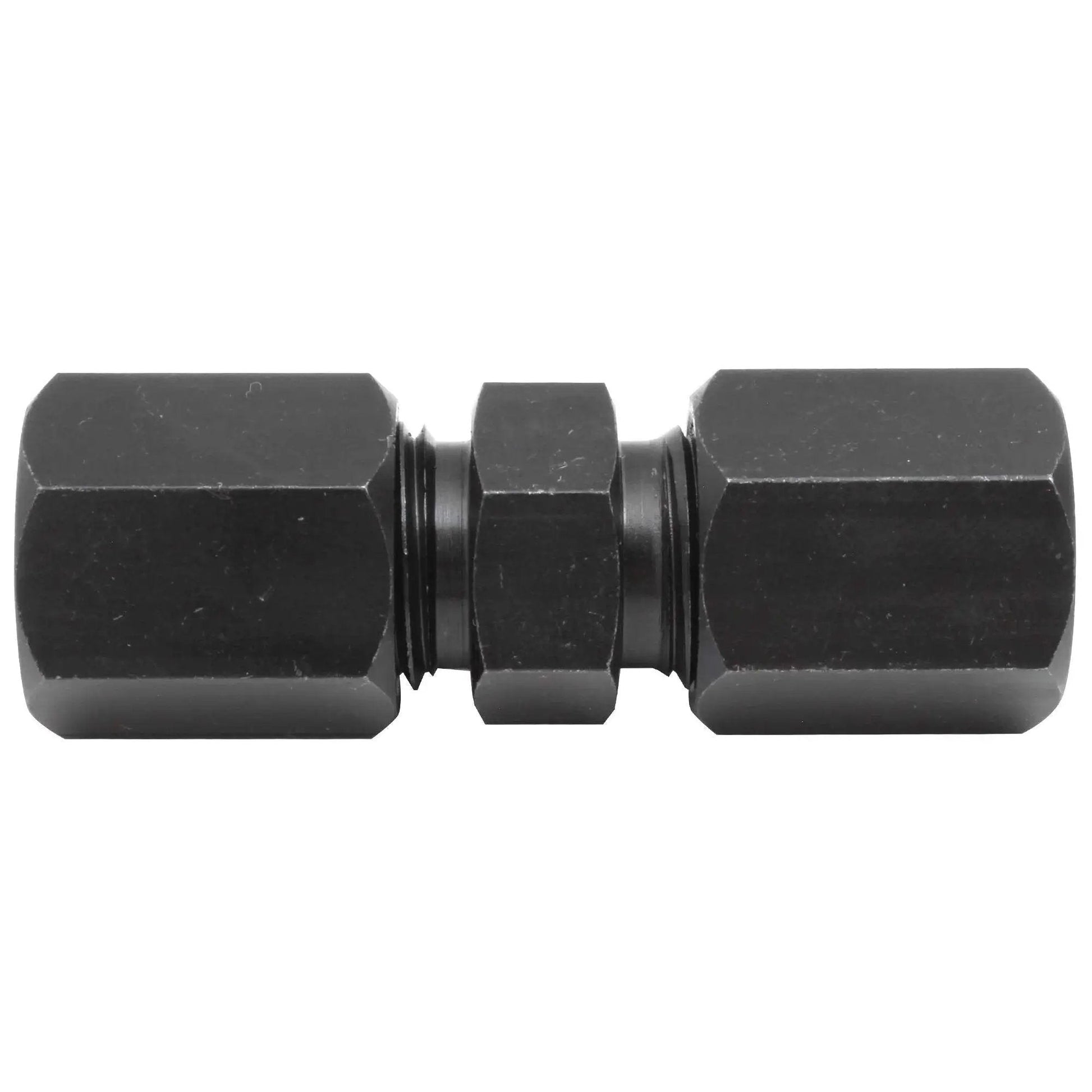 Heavy-Duty 3/8 Inch High-Pressure Compression Union For Tube Repair By 4LifetimeLines, black oxide steel, leak-tight connector front view.