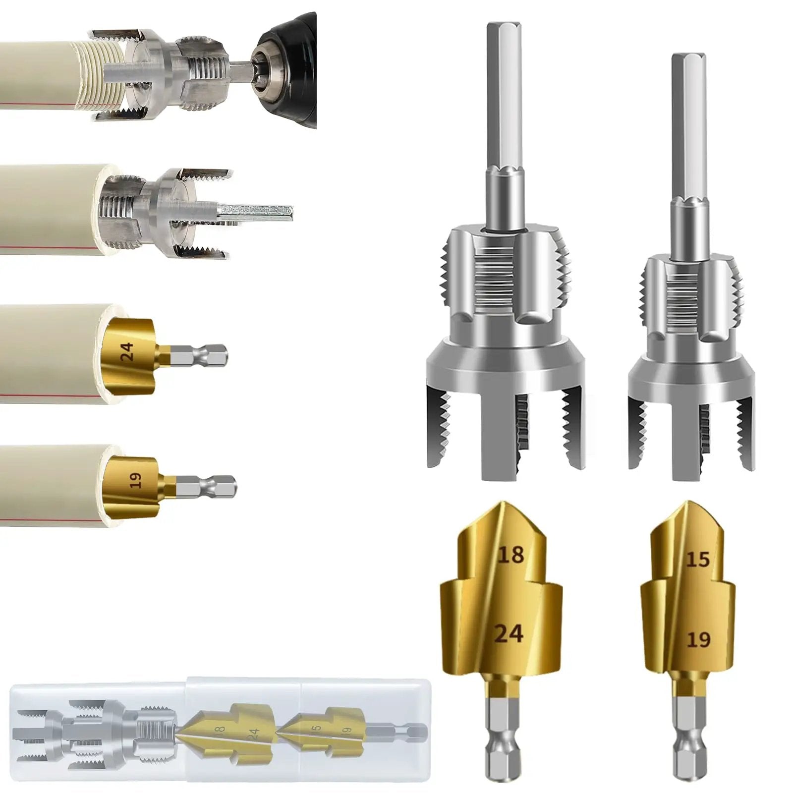 Pro Grade PPR Pipe Threading and Reaming Tool Kit showing drill-style threader and reaming bits for 1/2 and 3/4 inch PVC pipes.