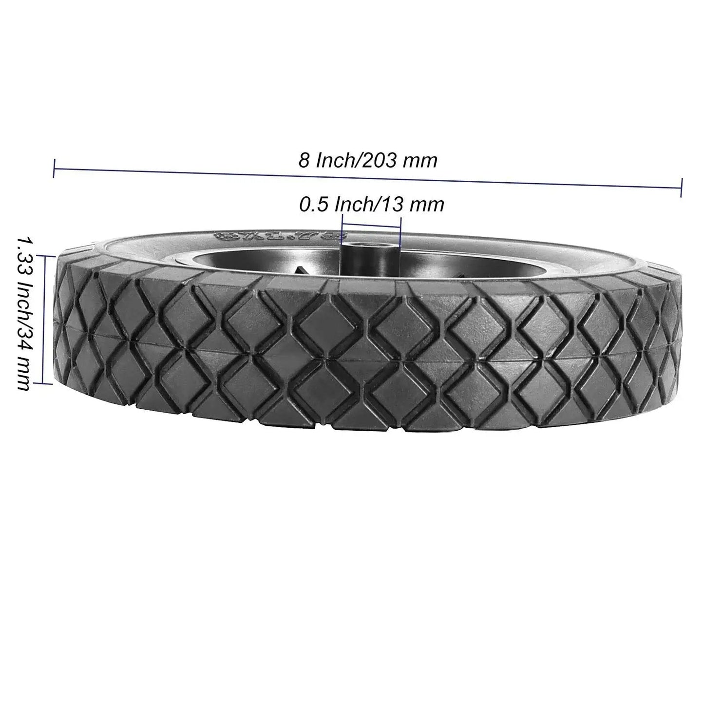 2 Pack 8 Inch Solid Rubber Wheels for Hand Trucks and Carts Replacement Tire With 1/2 Inch Bore and Offset Axle side view with dimensions