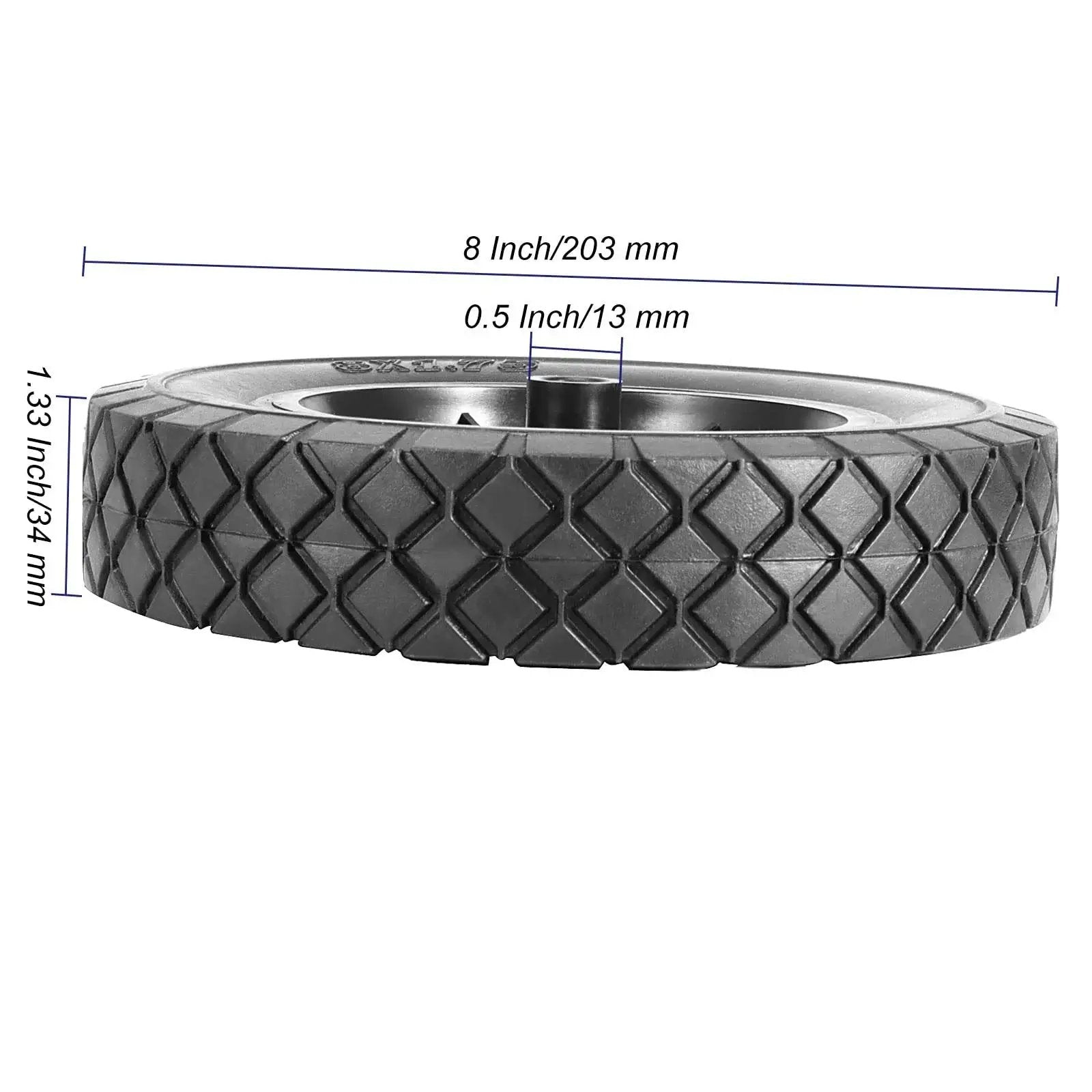 2 Pack 8 Inch Solid Rubber Wheels for Hand Trucks and Carts Replacement Tire With 1/2 Inch Bore and Offset Axle side view with dimensions