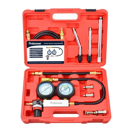 Engine Cylinder Leak Down Tester Kit For Gasoline Engines With Extension Rod Prokomon Dual Gauge Set in red case