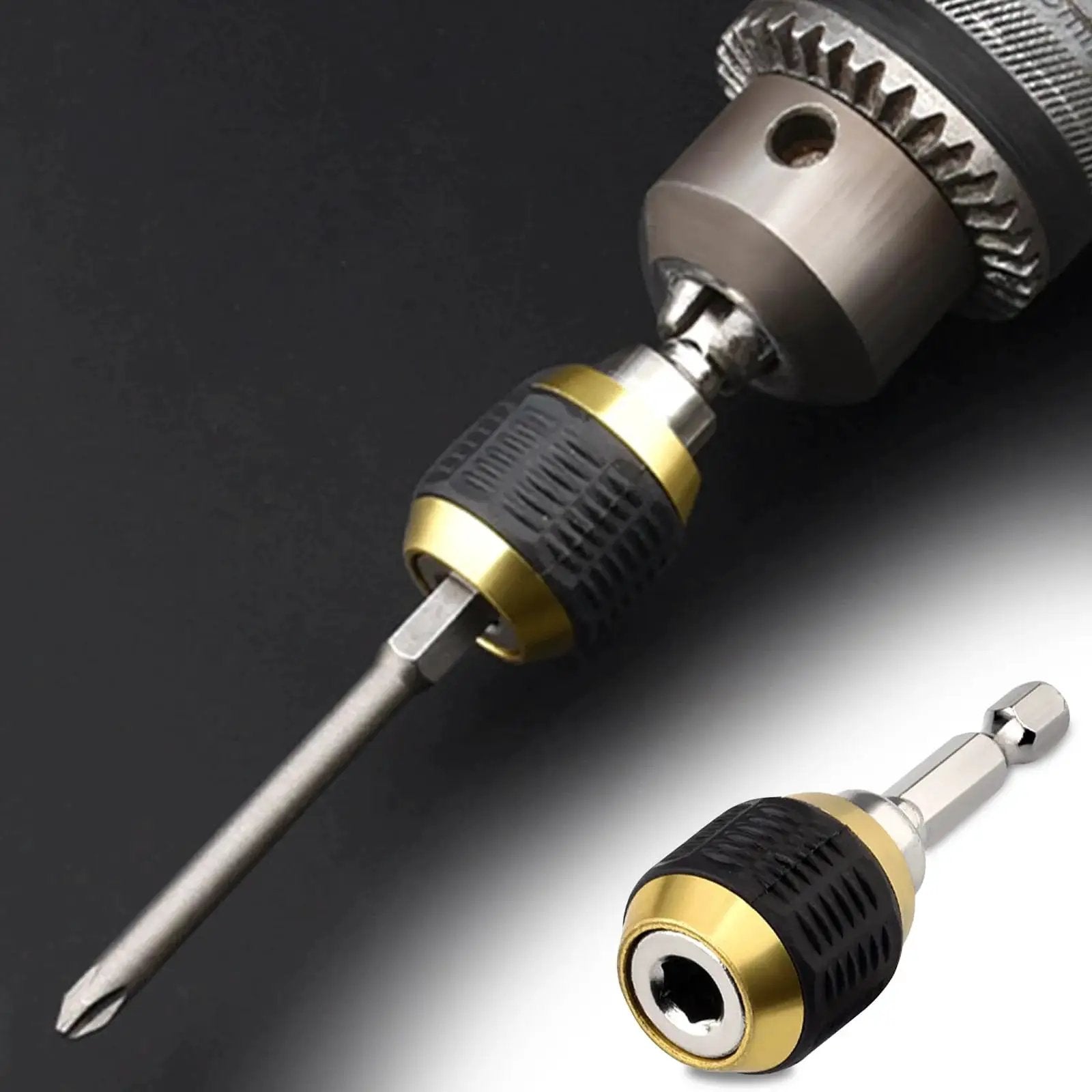Quick Release Hex Shank Bit Holder With Self Locking Magnetic Drill Extension, durable silver and black design, close-up view