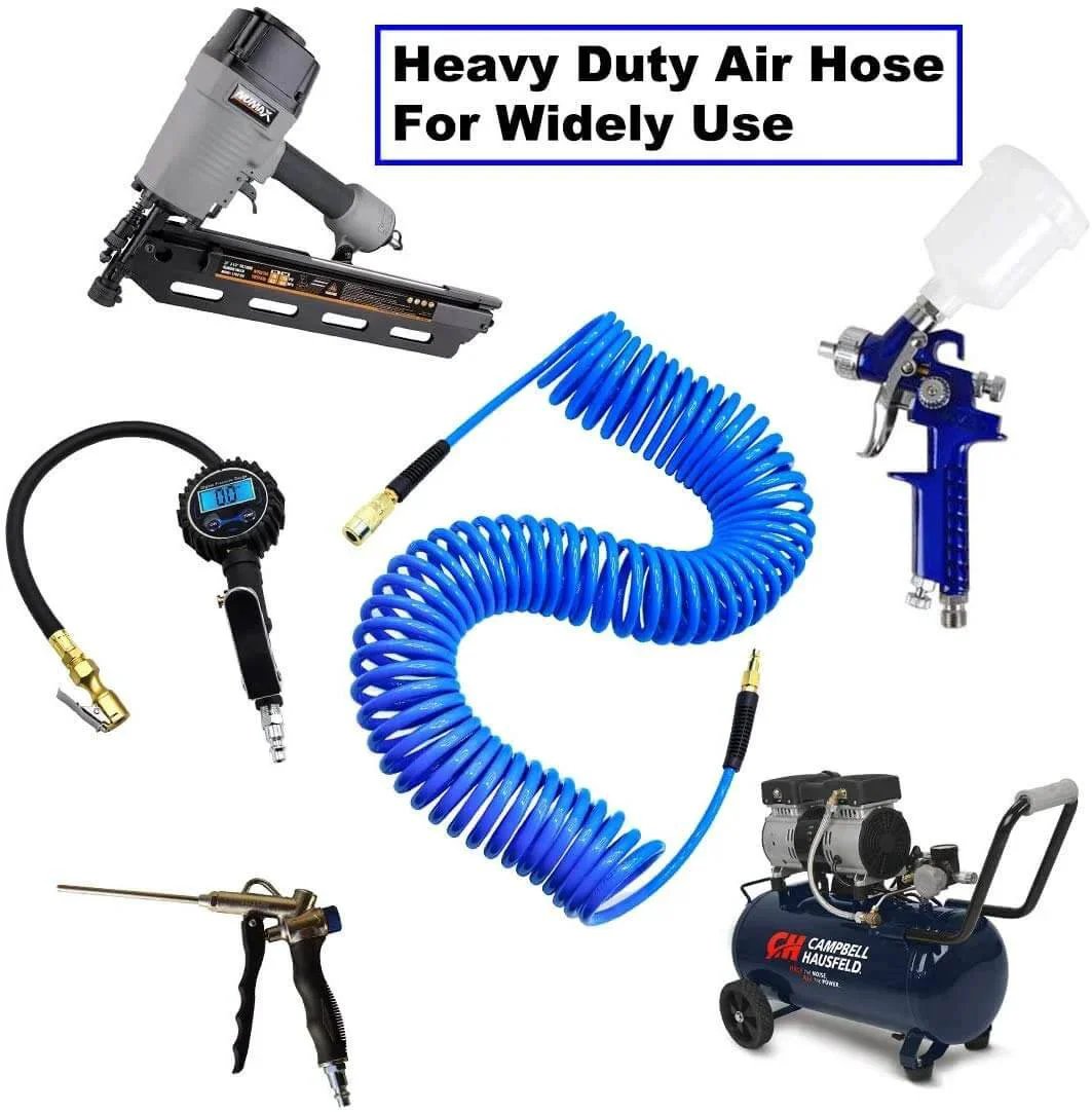 Polyurethane Recoil Air Hose One Quarter Inch Inner Diameter By Twenty Five Feet With Bend Restrictor And Industrial Quick Coupler And Plug Blue For Air Compressors Anti Kink Lightweight Abrasion Resistant Self Coiling Hose surrounded by pneumatic tools.