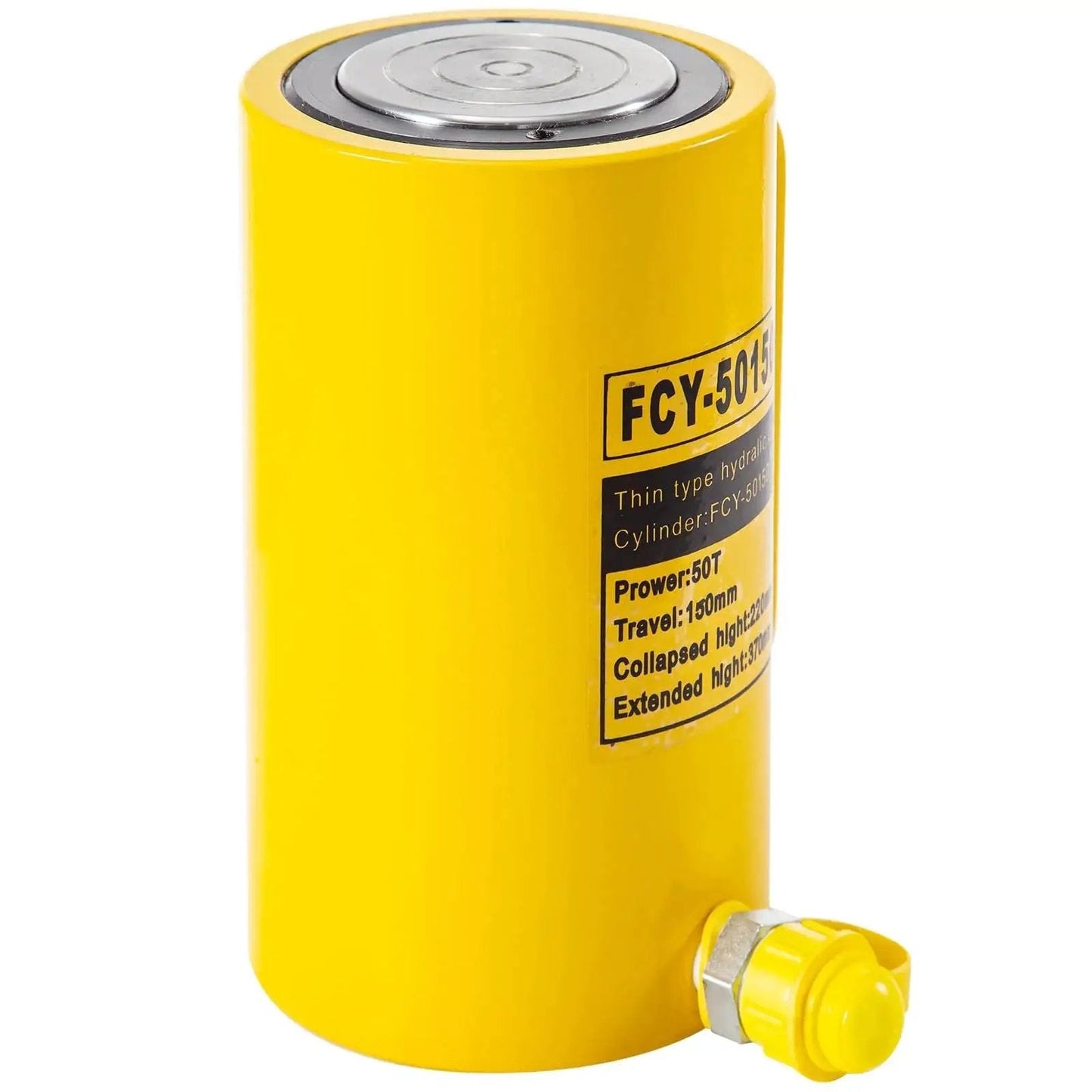 Front view of a yellow 50T Hydraulic Cylinder Jack with 6 inch stroke for bending and lifting on trucks