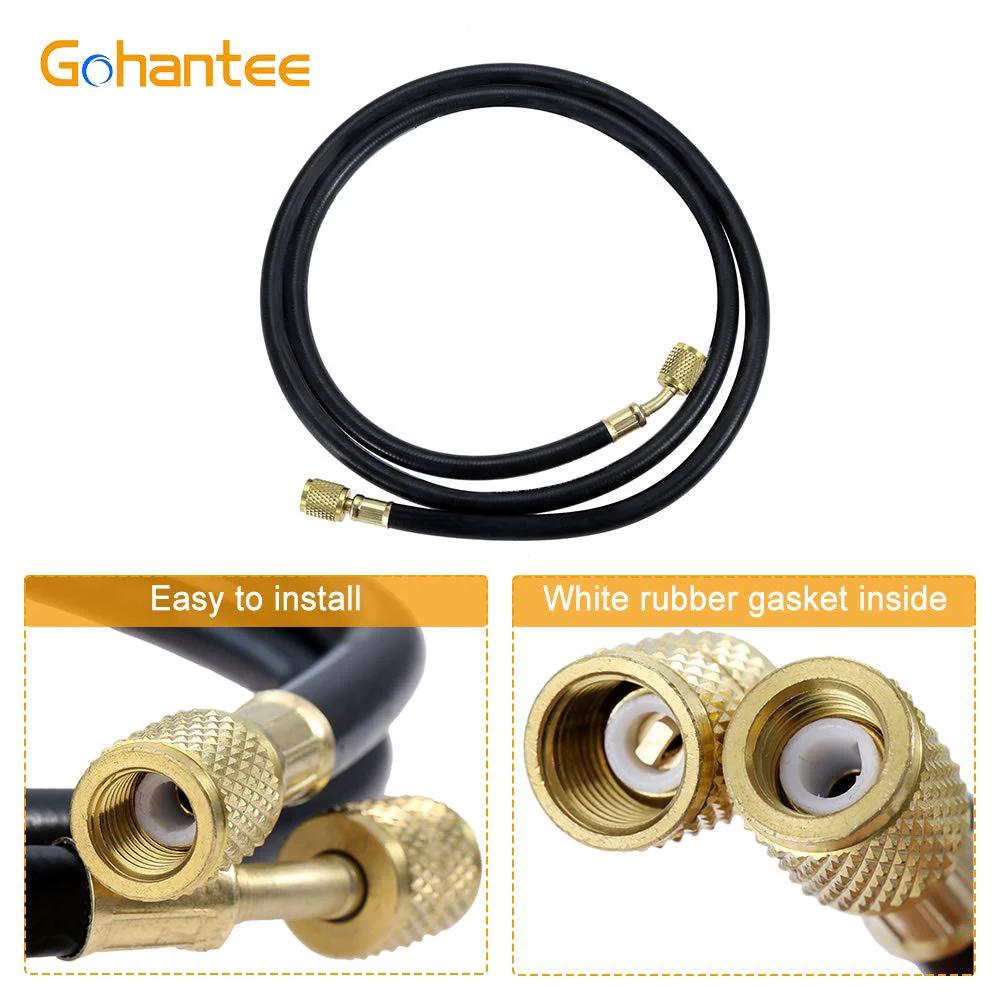 Close-up of Pro Grade Heavy Duty R410A Refrigerant Charging Hose Set, 59 Inch Length with quarter inch SAE female flare.