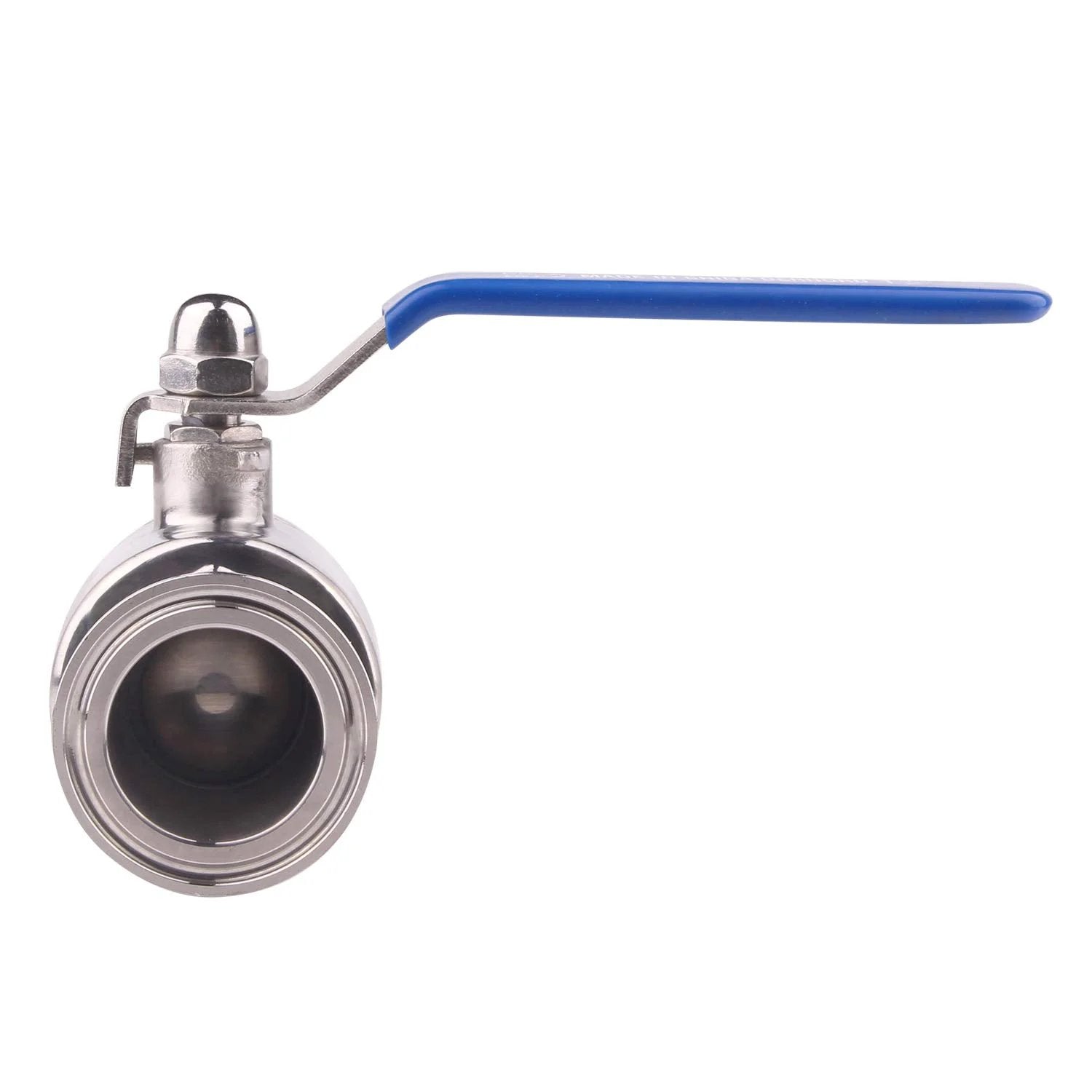 Front view of 1.5 Inch Tri Clamp Ball Valve Stainless Steel 304 PTFE Lined, Sanitary Connection, Tube OD 1.5 Inch, 300 Degree Fahrenheit Max