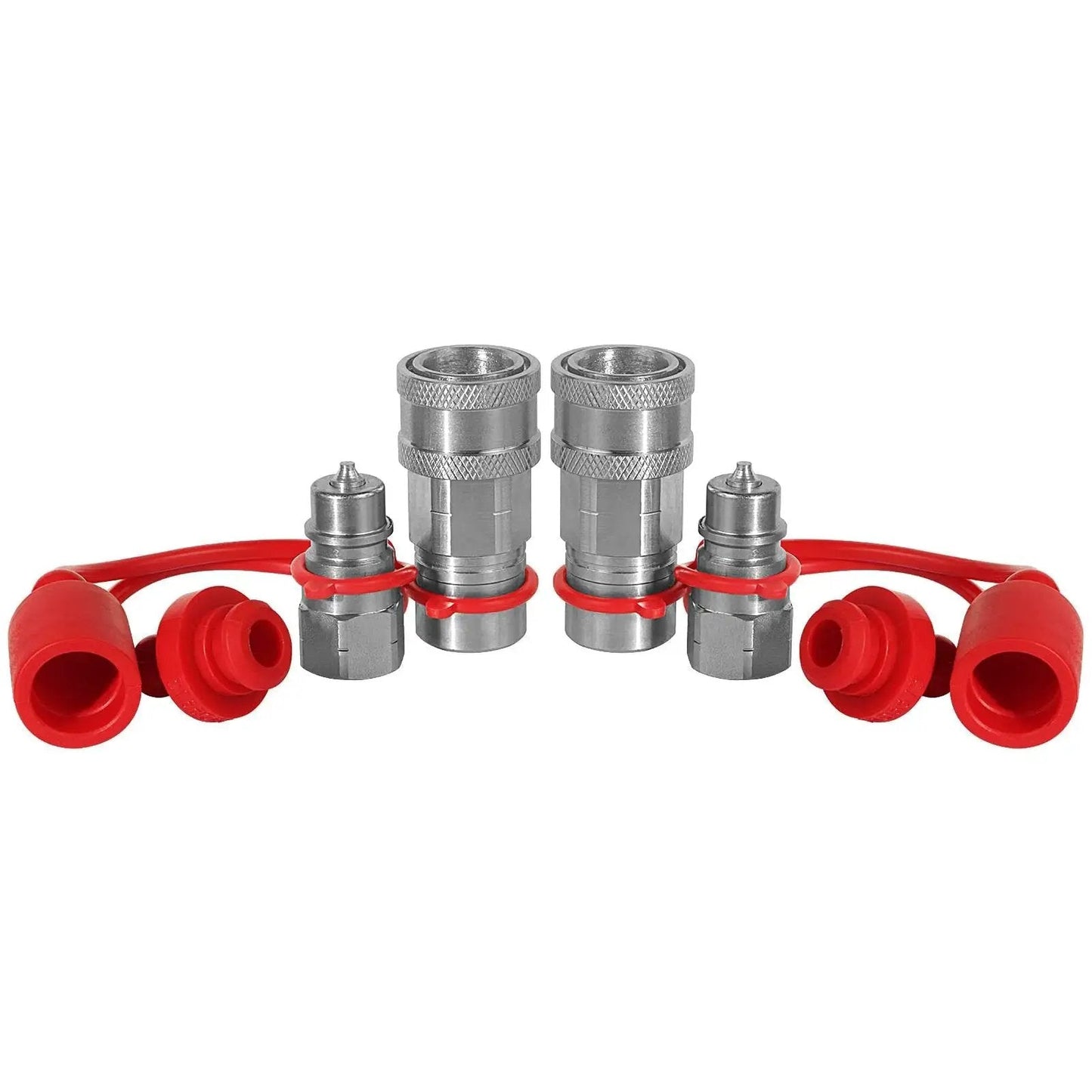 One Quarter Inch Ag ISO 5675 Hydraulic Quick Connect Pioneer Style Couplers with NPT Threads Dual Male and Female Set Dust Caps