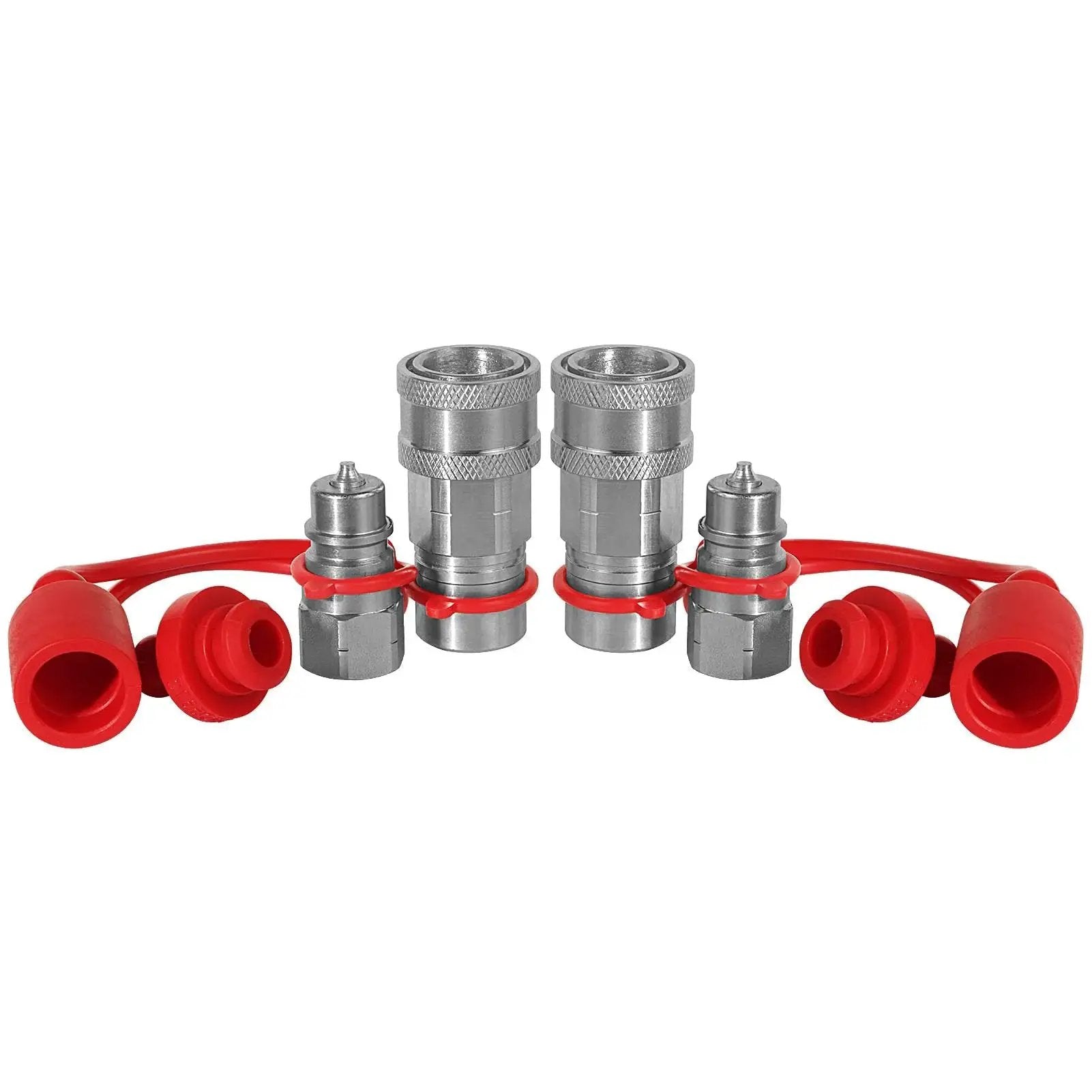 One Quarter Inch Ag ISO 5675 Hydraulic Quick Connect Pioneer Style Couplers with NPT Threads Dual Male and Female Set Dust Caps