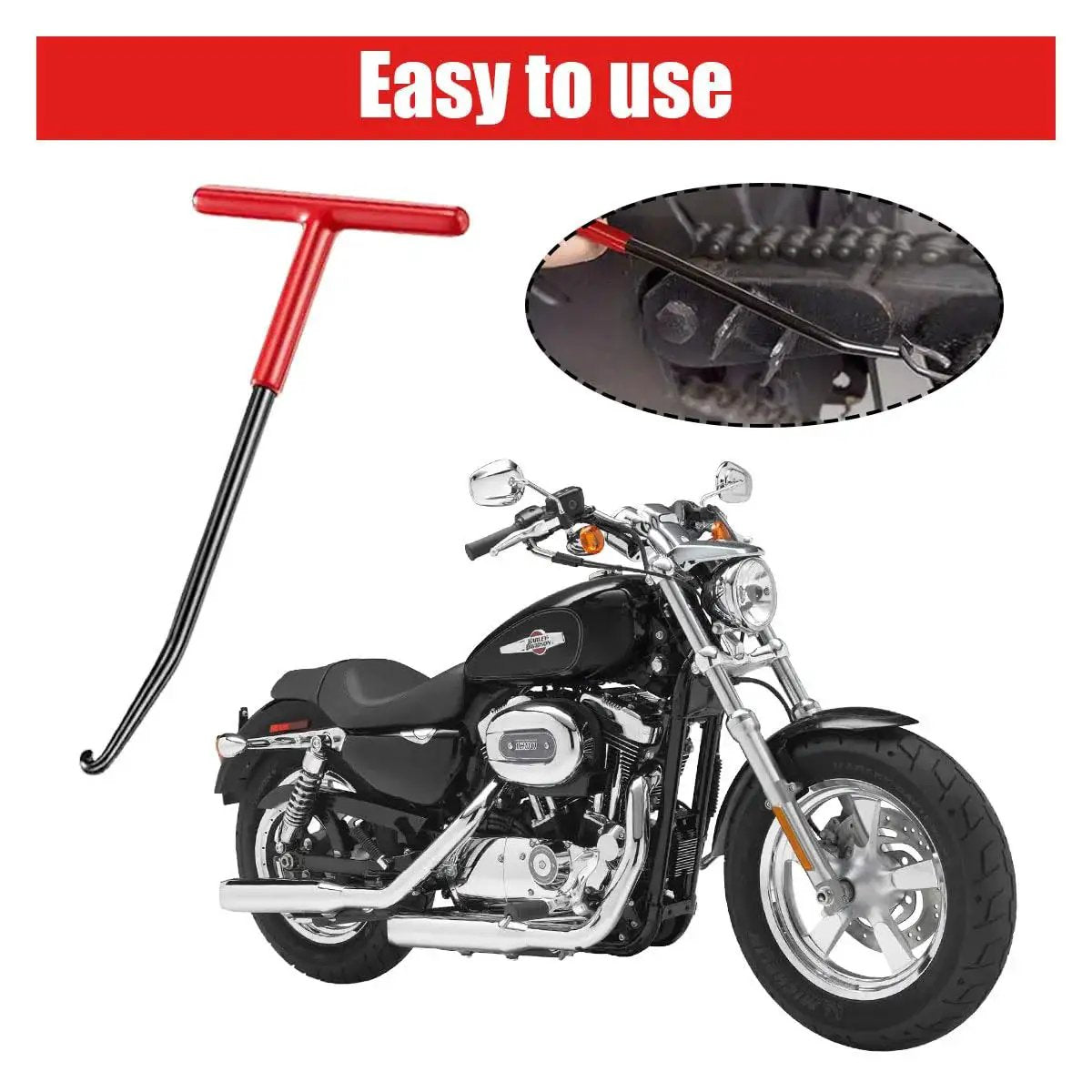 Motorcycle Exhaust Spring Hook T Handle Rubber Coated Puller Tool with close-up of hook usage on motorcycle exhaust system.