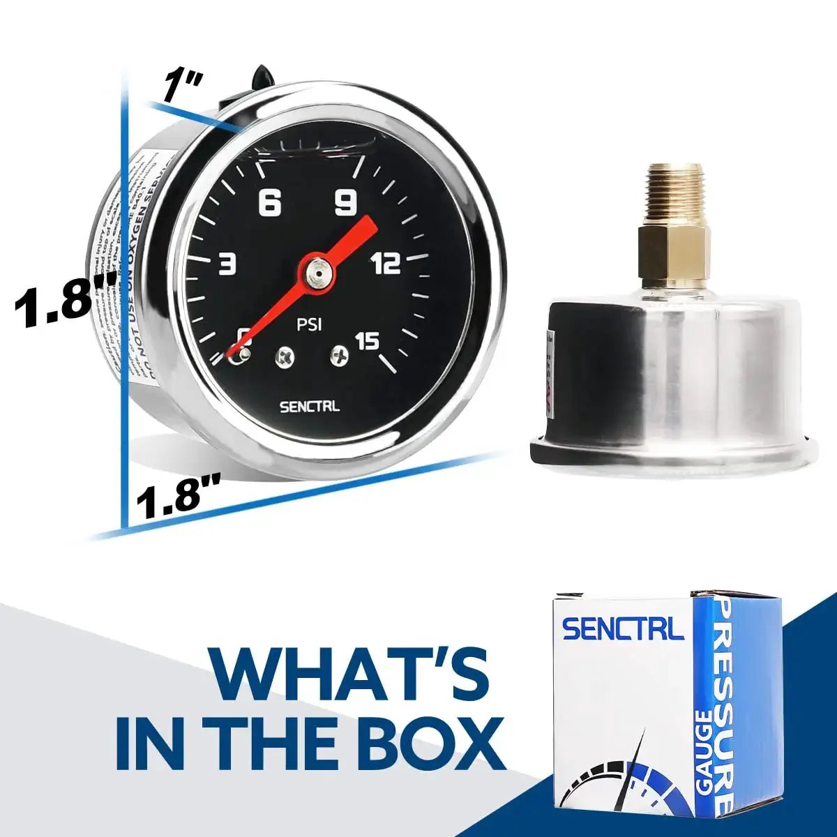 Inline Low Pressure Gauge 0-15 Psi For Water And Oil Testing, One And A Half Inch Dial Black With One Eighth Inch NPT Back Mount