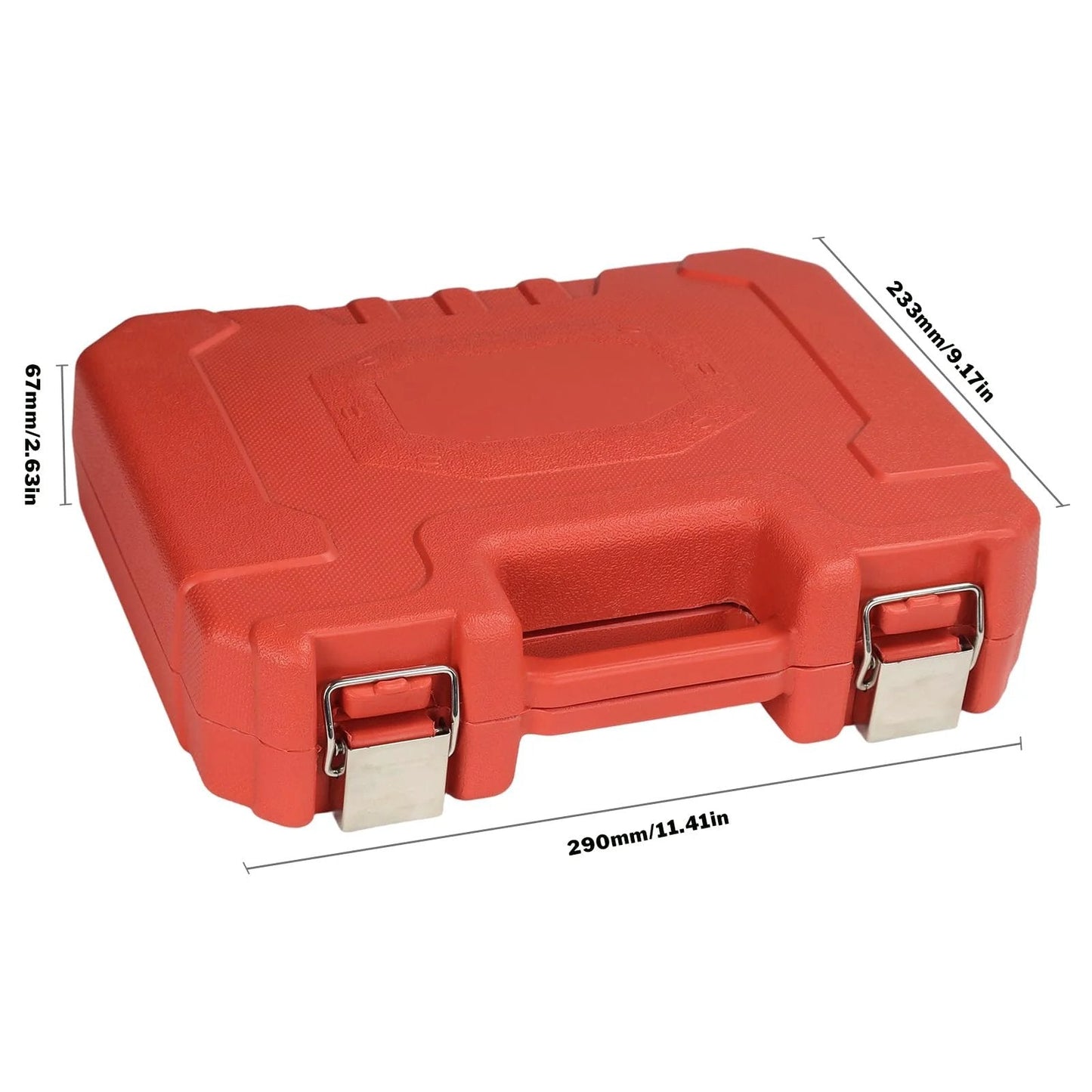 Red carrying case for Engine And Transmission Oil Pressure Test Kit with dimensions labeled