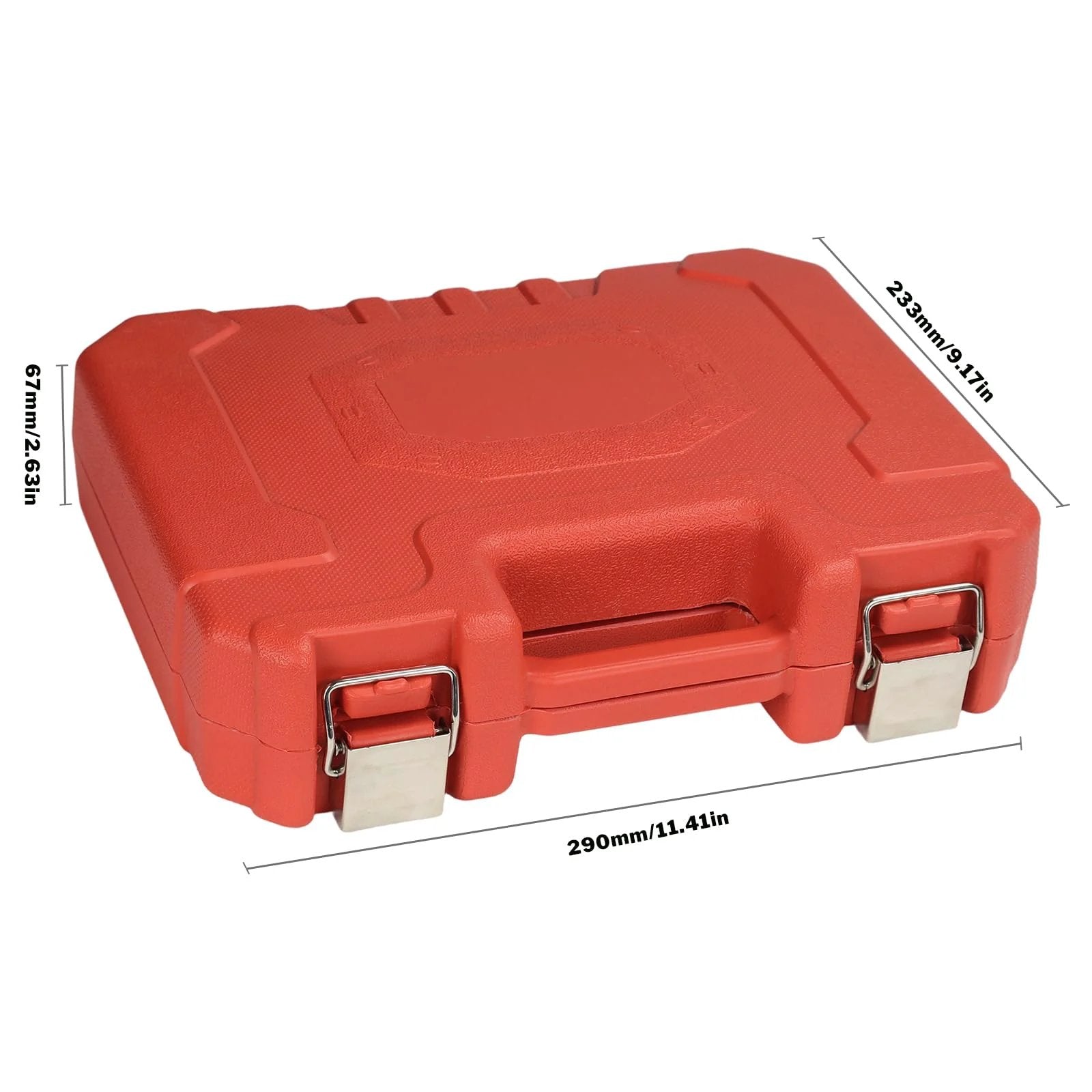 Red carrying case for Engine And Transmission Oil Pressure Test Kit with dimensions labeled