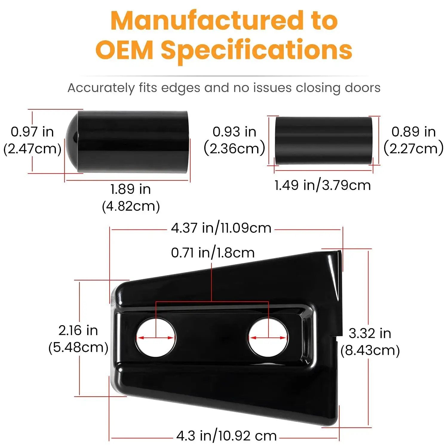 Dimensions of Door Hinge Trim Kit for Wrangler JK JKU 2007-2018 Black 8 Piece showing precise measurements in inches and centimeters.