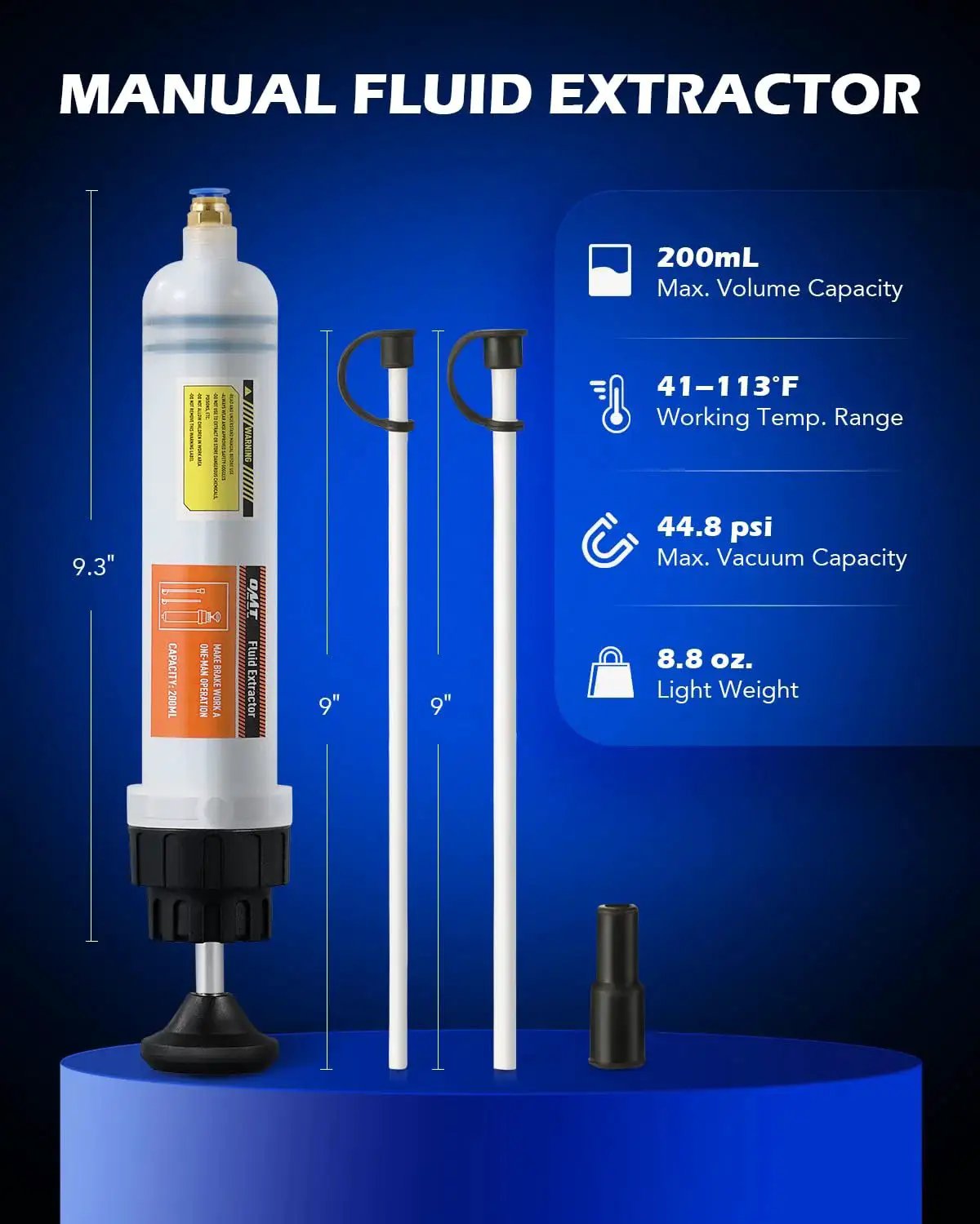 200mL Manual Fluid Extractor And Filler Syringe Style Pump with hoses and specifications displayed on a blue background