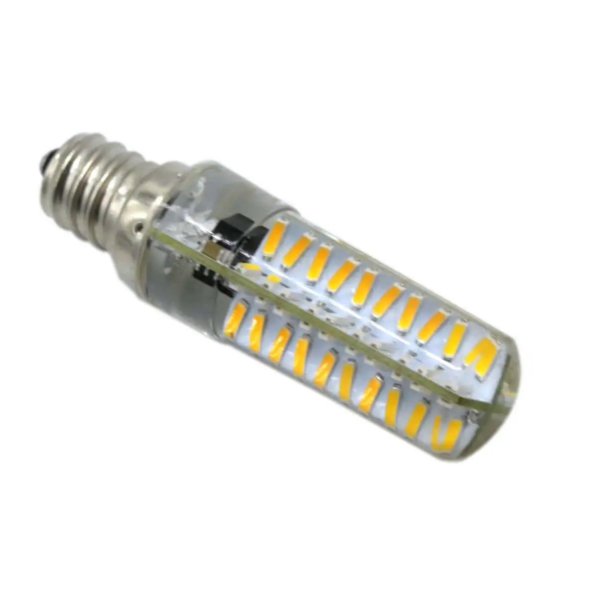 LED light bulb with clear casing and visible diodes on white background