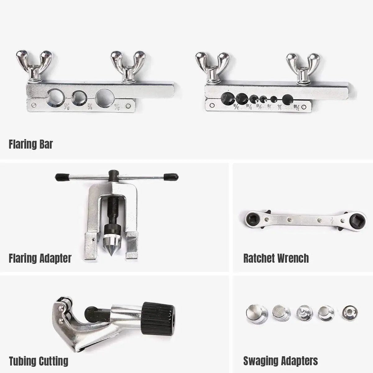 Single Flaring and Swaging Tool Kit for HVAC Tubing 45 Degree Cutter with flaring bars, adapter, wrench, cutters, and swage adapters.