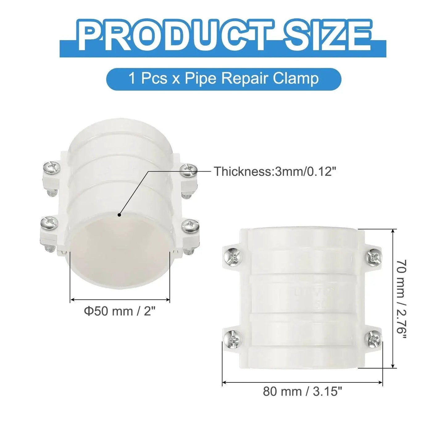 2 Inch Water Pipe Repair Clamp PVC Leak Sealer for 50 mm Pipes showing size and dimensions, lightweight durable white clamp