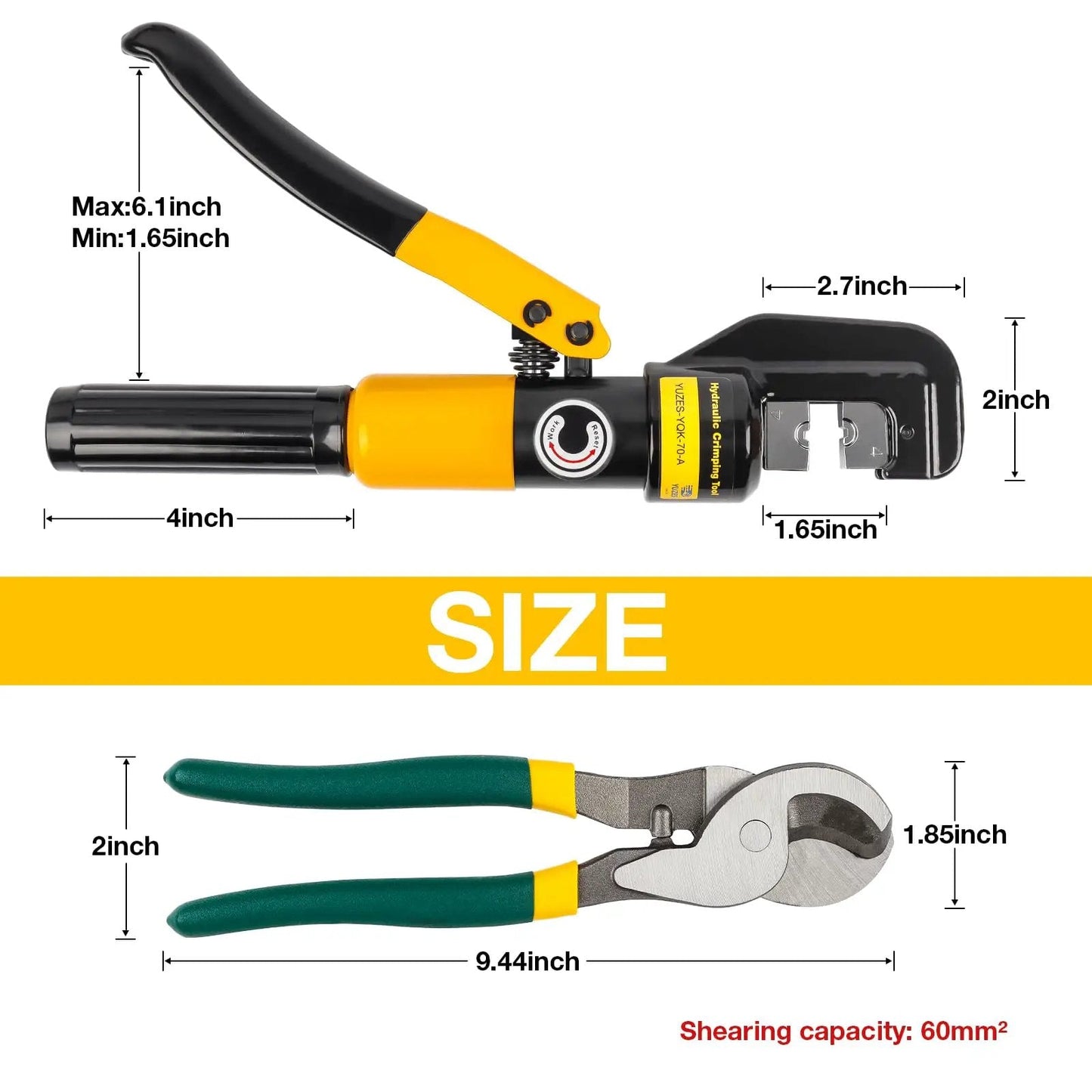 Beefy Heavy Duty Hydraulic Crimping Tool And Cable Cutter For 12 AWG To 2/0 AWG 10 Ton Battery Crimper With 9 Die Set For Cable Lug And Wire Terminal Lug By YUZES shown with dimensions and cutting capacity.
