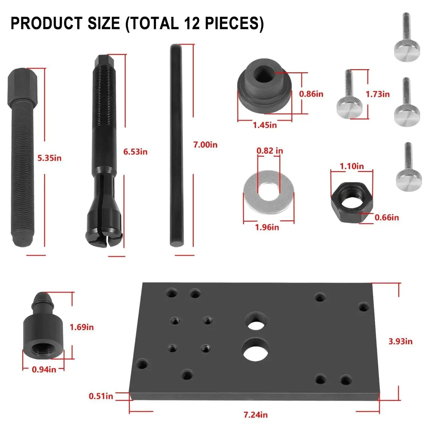 M8 Cam Inner Camshaft Needle Bearing Installer Tool Kit and Remover with 12 pieces shown with size dimensions for Milwaukee Eight Engines