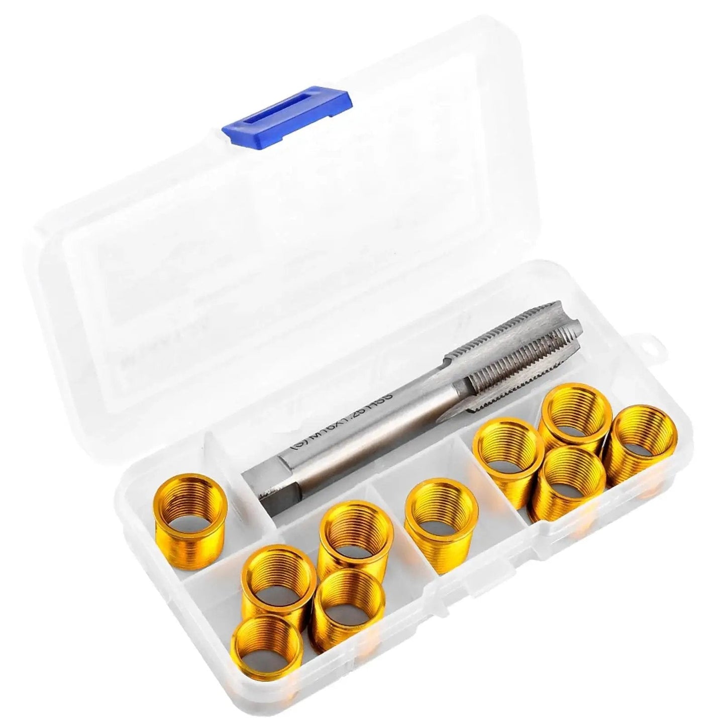 Spark Plug Thread Repair Kit With 10 Inserts And Tap For M14x1.25 in plastic case with gold inserts and silver tap