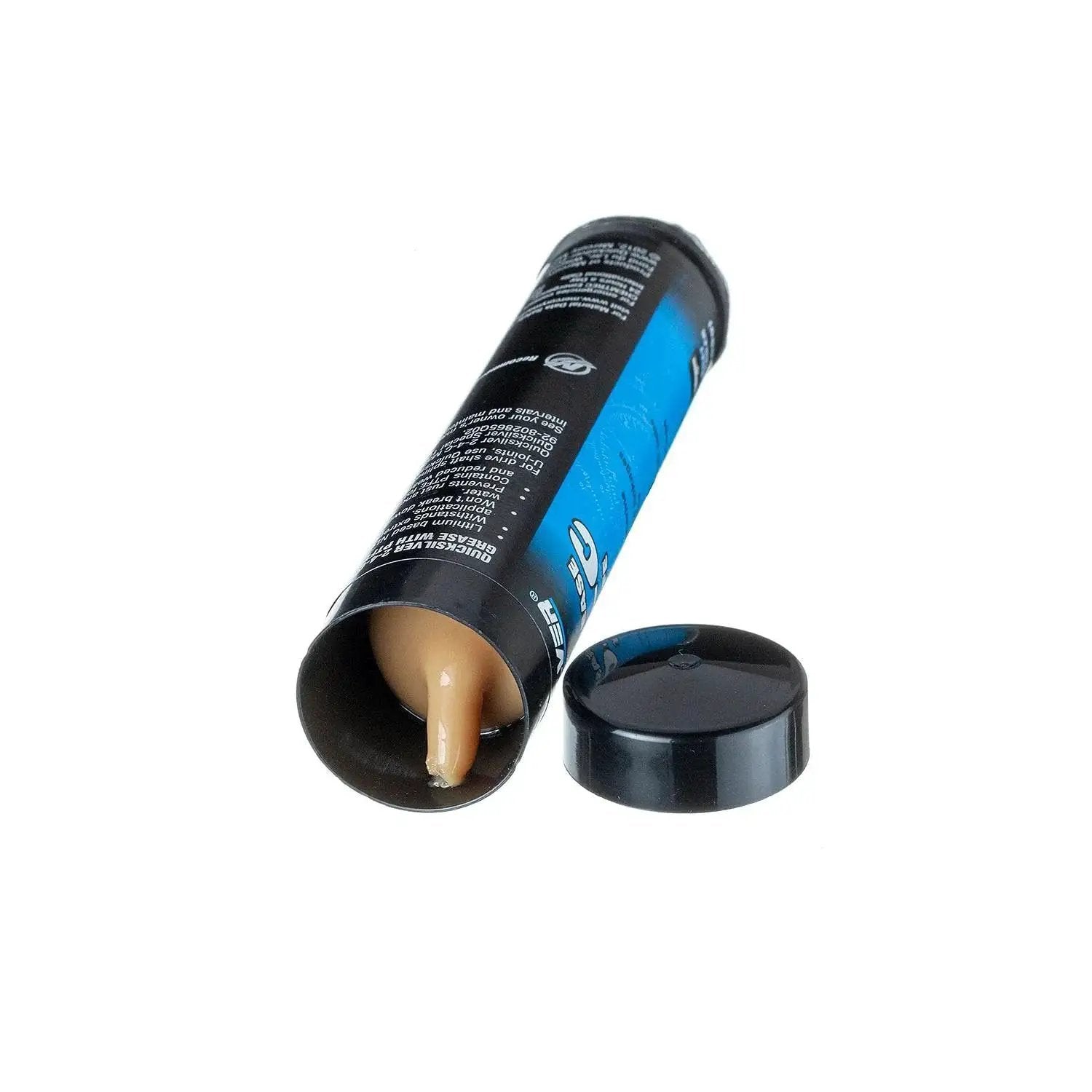 All Purpose Marine Grease With PTFE 2 To 4 C NLGI 2 For Steering Cables Throttle Shift Remote Controls Prop Shaft And Swivel Pins Water Resistant 3 Oz Cartridge By Quicksilver LongLasting Formula For Salt Water Boats And Harsh Marine Environments, open 3 oz cartridge with visible grease and cap