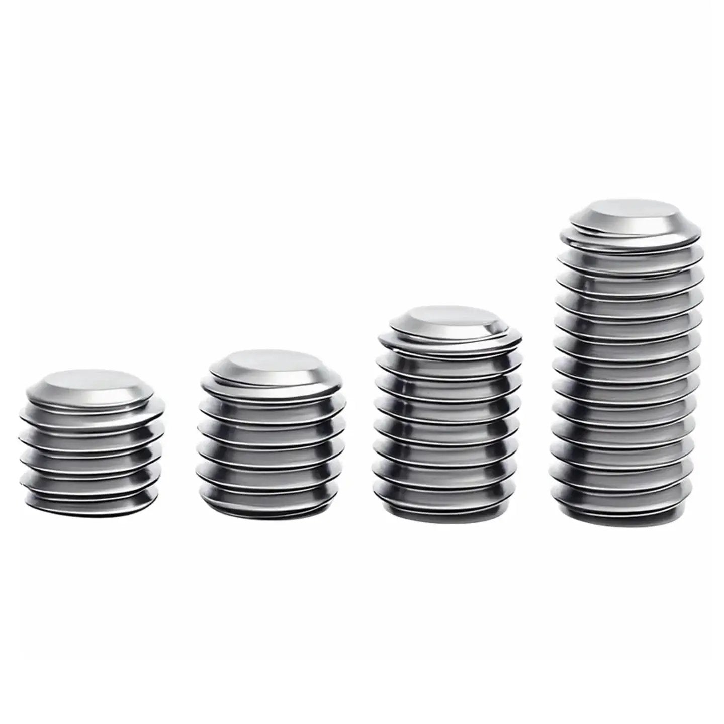 Fine Thread Stainless Steel Hex Socket Screws Flat Point Grub Screws M6 To M16 in various sizes, stacked