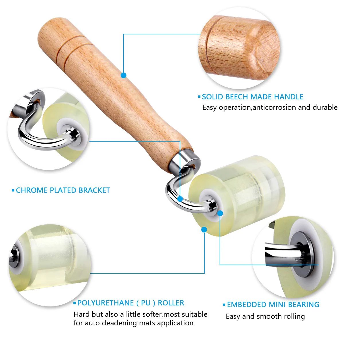 Auto Sound Deadening Seam Roller For Car Audio Mats And Heat Abatement, Durable PU Roller With Wooden Handle And Riveted Steel Bracket
