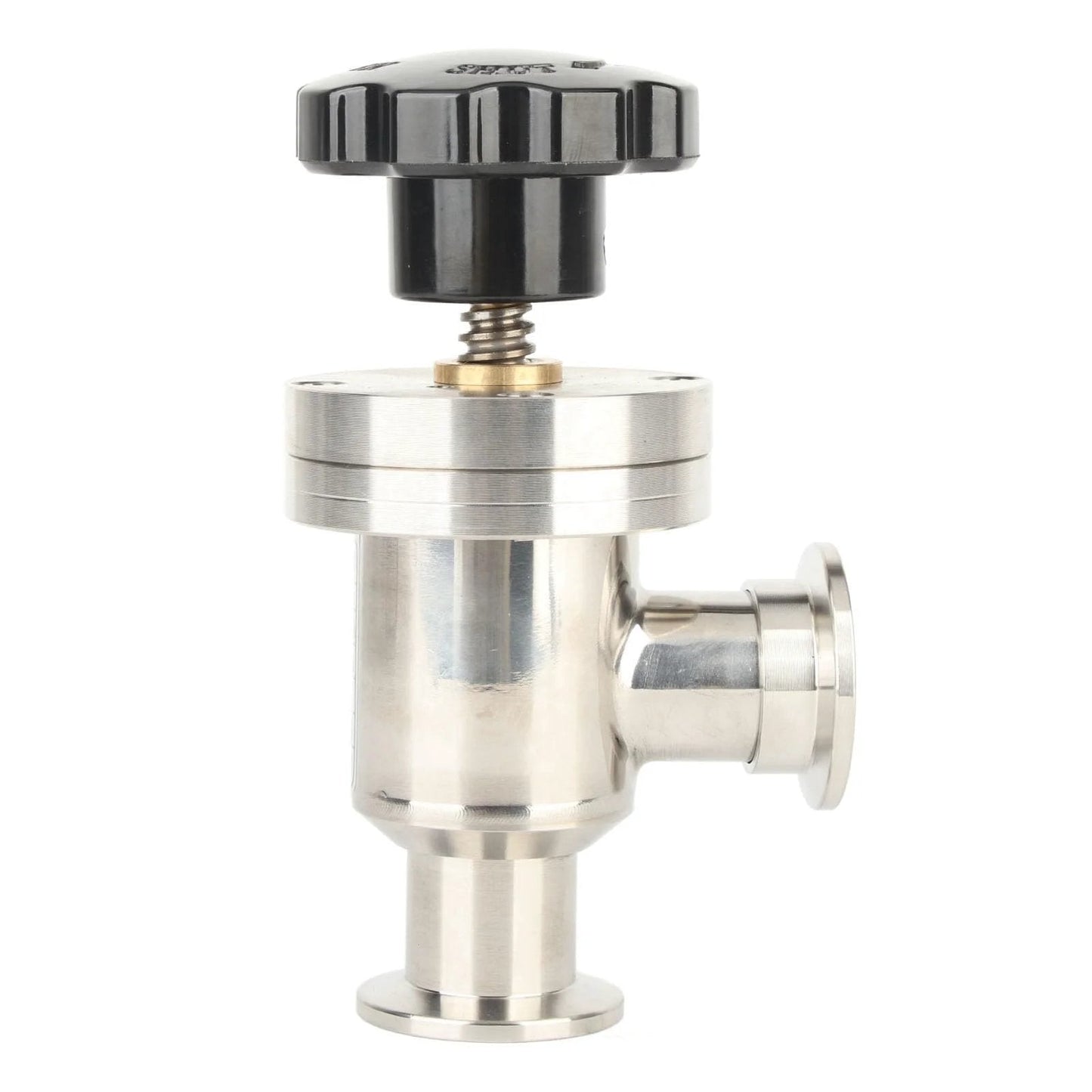 Side view of KF25 High Vacuum Manual Right Angle Bellows Isolation Valve in 304 stainless steel with welded bellows and seat.