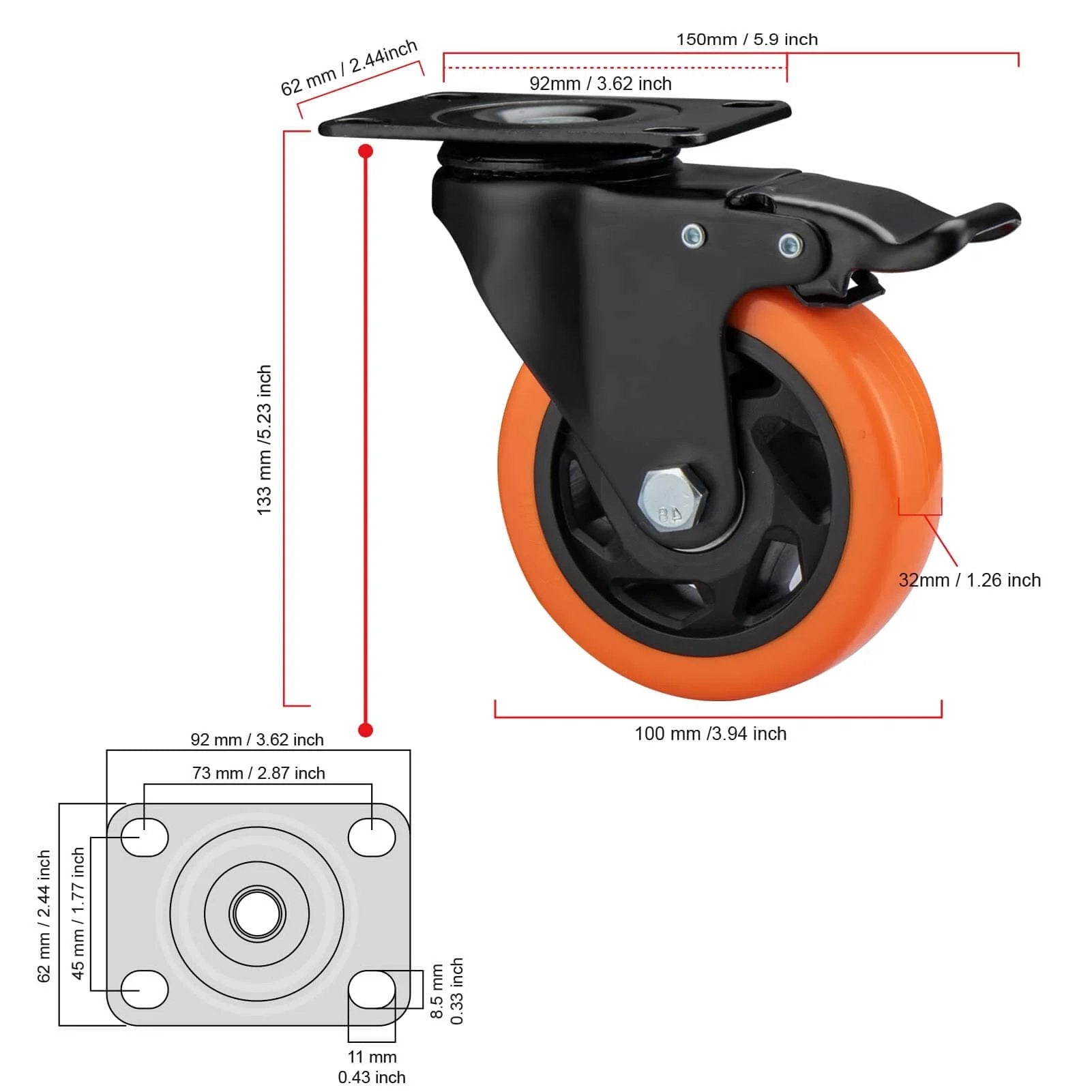 4" Caster Wheels, Heavy Duty Set of 4 - Orange Polyurethane Top Plate Swivel Casters, Industrial 4-Pack with Brake, Locking Wheels for Furniture and Workbench