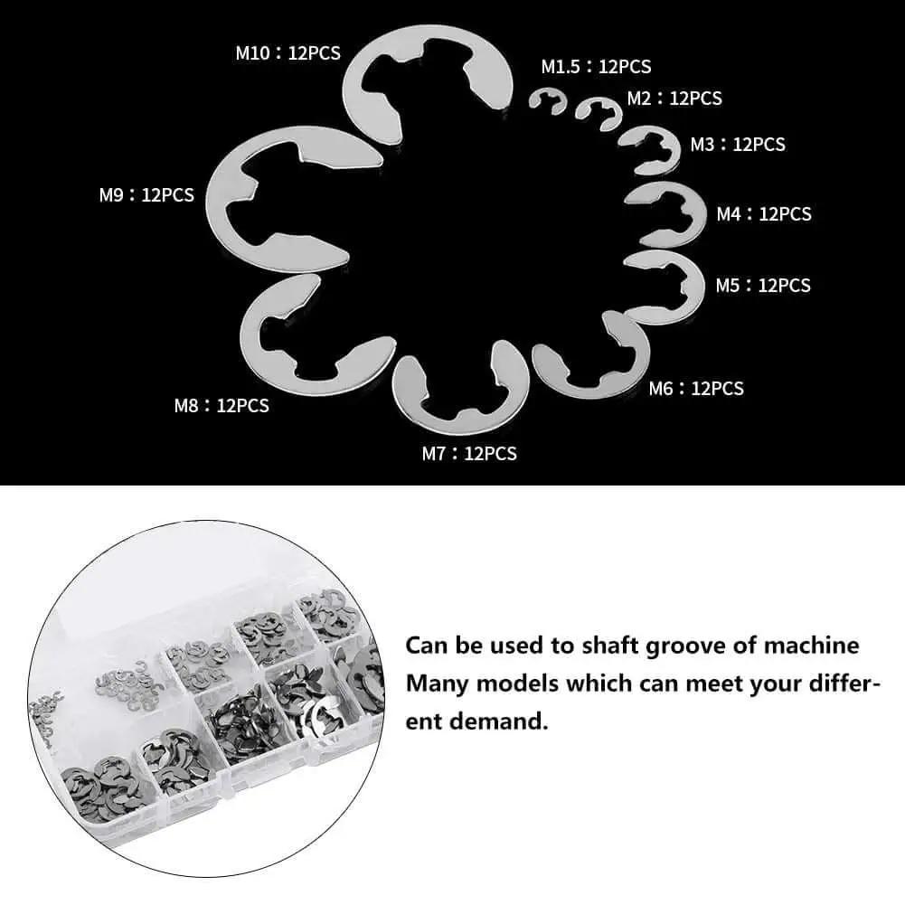 120 Piece E Clips Retaining Snap Ring Kit In 304 Stainless Steel With Plastic Storage Box Sizes M1.5 Through M10 Circlip Assortment