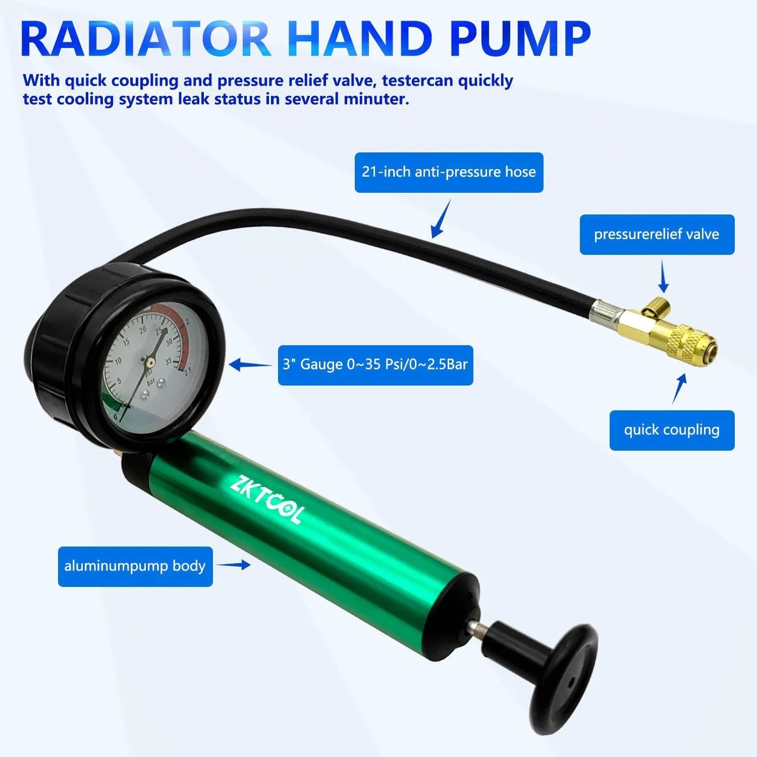 Aluminum Radiator Pressure Tester With Gauge For Auto Cooling System Universal Hand Pump With Multiple Adapters.