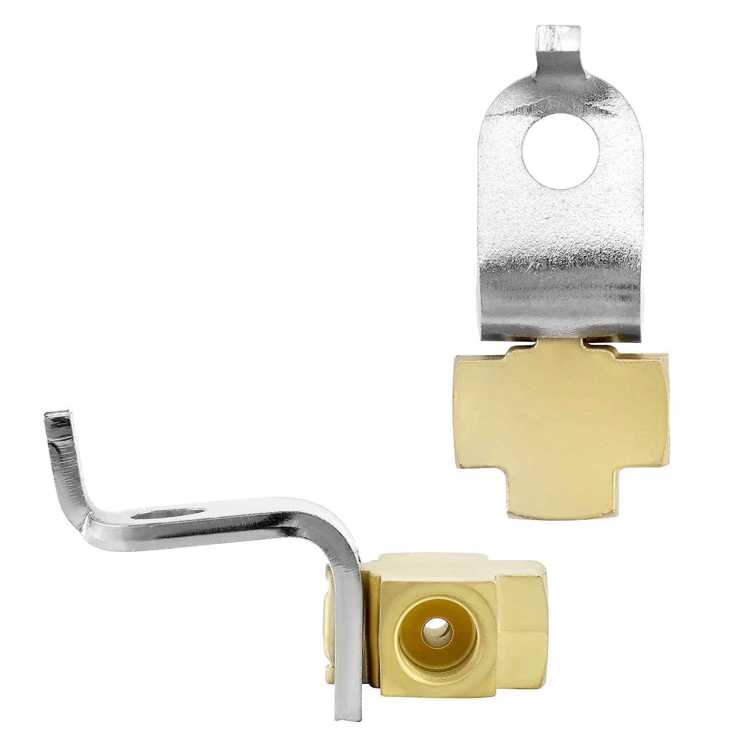 Side view of Beefy Durable Brass 3-Way Brake Line Tee Connector For 3/16 Inch Tube With Inverted Flare Fittings and Mounting Bracket
