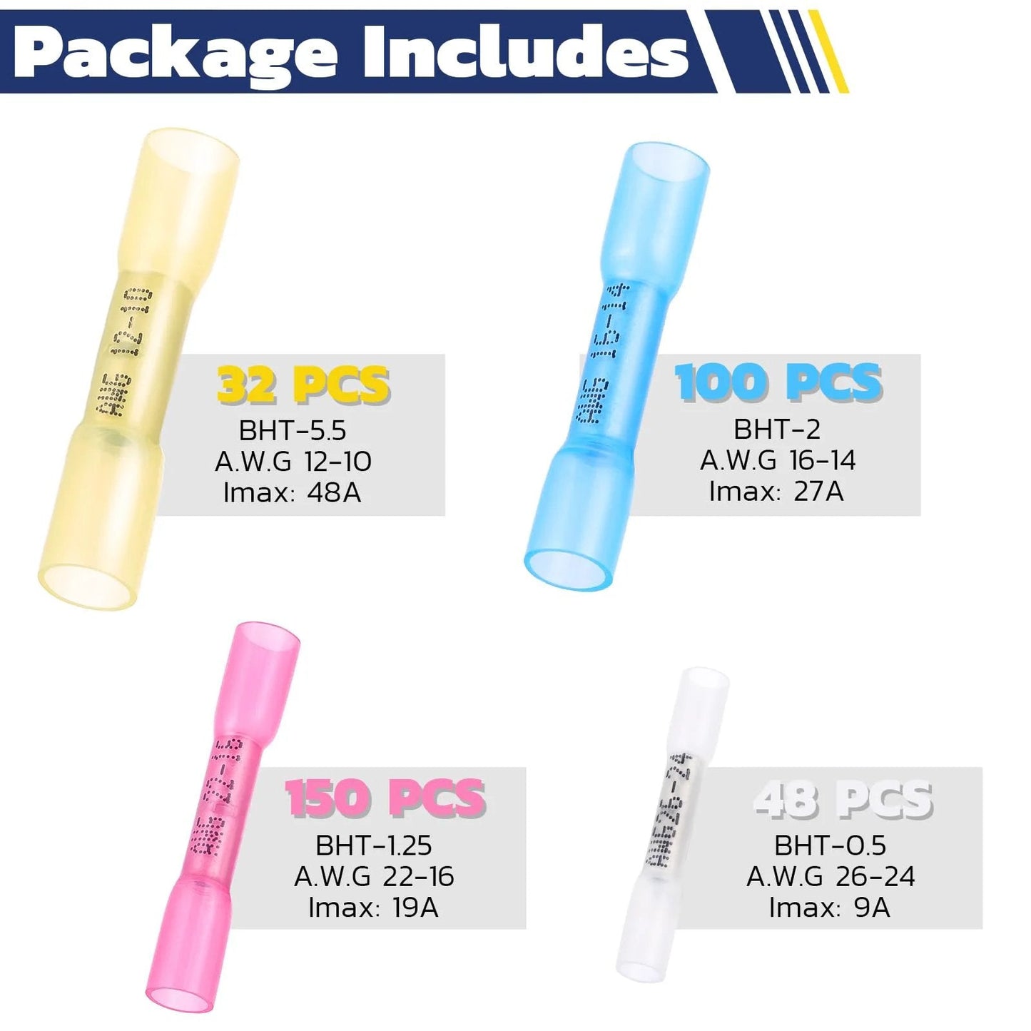 Pro Grade 330 Piece Heat Shrink Butt Connectors Kit For Marine And Automotive Wiring Waterproof Tin Copper Core Insulated Red Color Coding Includes 4 Colors And 4 Sizes For Boat Truck Stereo And Quick Electrical Joints From Haisstronica showing yellow, blue, pink, and white connectors with package details.