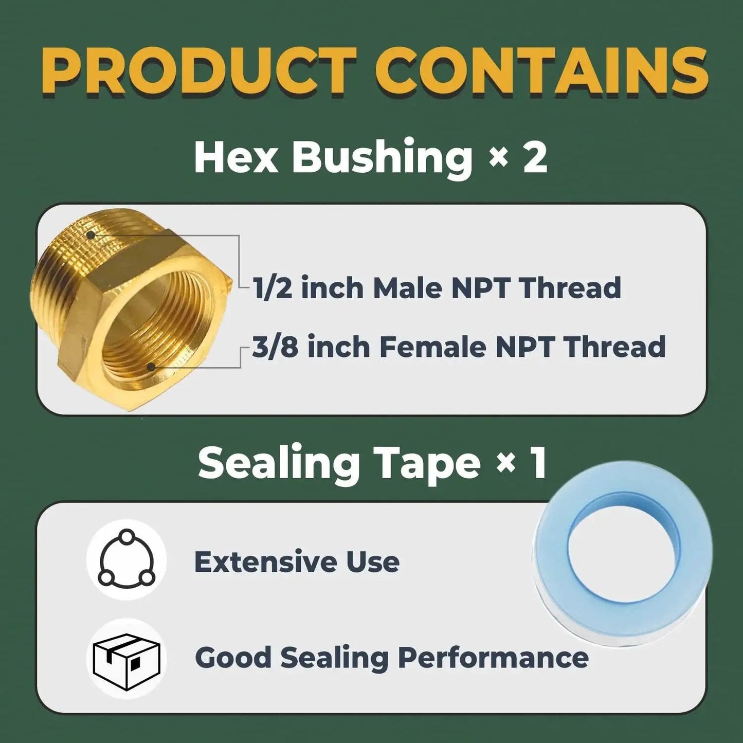 Brass Hex Bushing Reducer Set One Half Inch NPT Male To Three Eighth Inch NPT Female 2 Pack With Sealing Tape For Plumbing