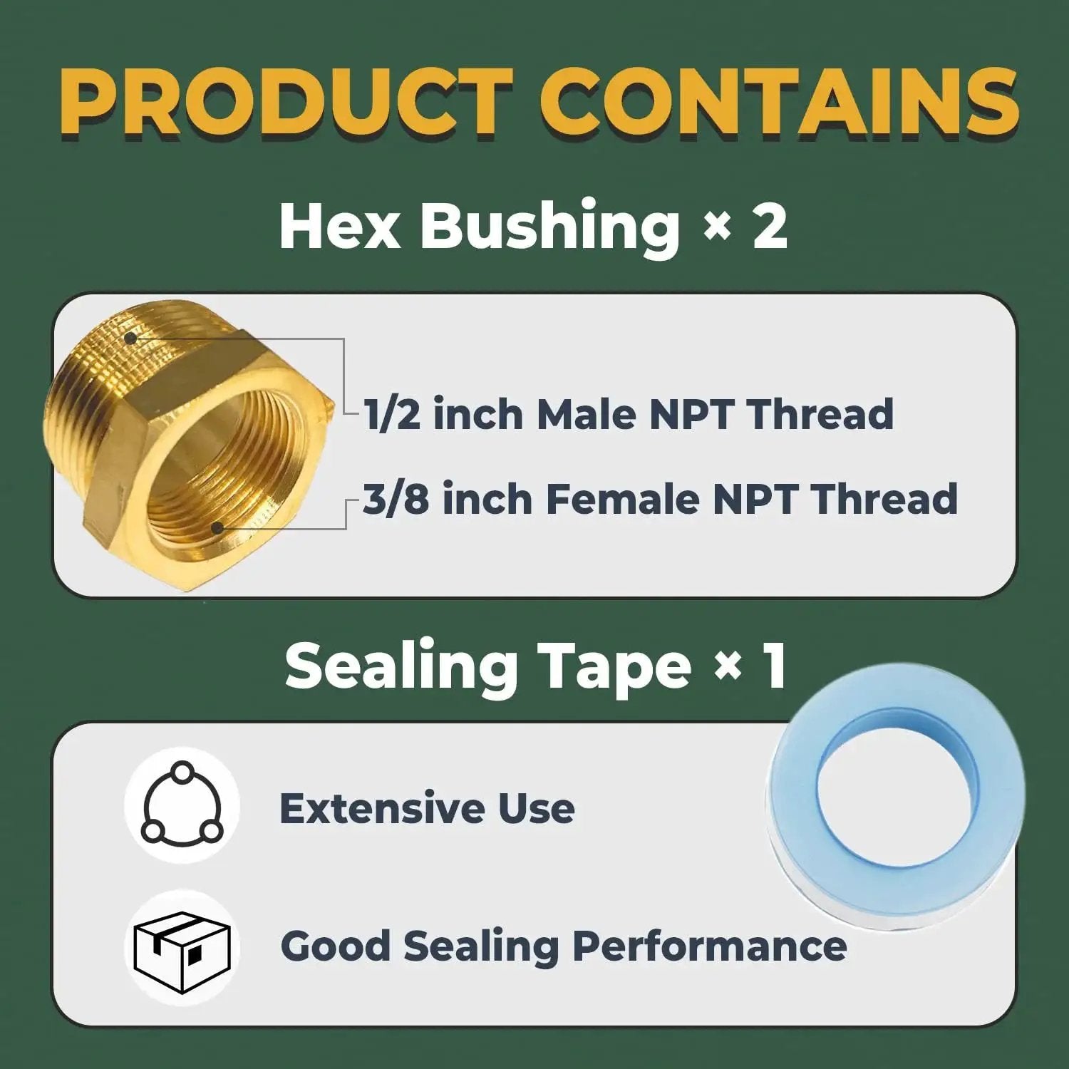 Brass Hex Bushing Reducer Set One Half Inch NPT Male To Three Eighth Inch NPT Female 2 Pack With Sealing Tape For Plumbing