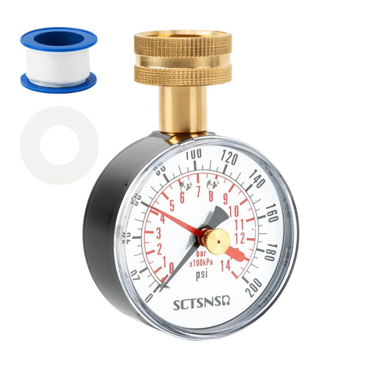 0 To Two Hundred Psi Water Pressure Test Gauge With Red Max Pointer For Home Hose Bib Spigot, Two And A Half Inch Dial, Three Quarter Inch Female Garden Hose Thread, Black Steel Case, Inspector Tool For Home Plumbing And Outdoor Water Systems