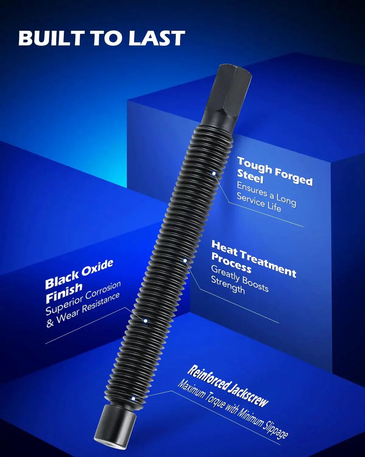 Close-up of reinforced jackscrew from 23Pc Ball Joint Press Kit With U Joint Removal Sockets And Heavy Duty Adapters, black oxide finish.