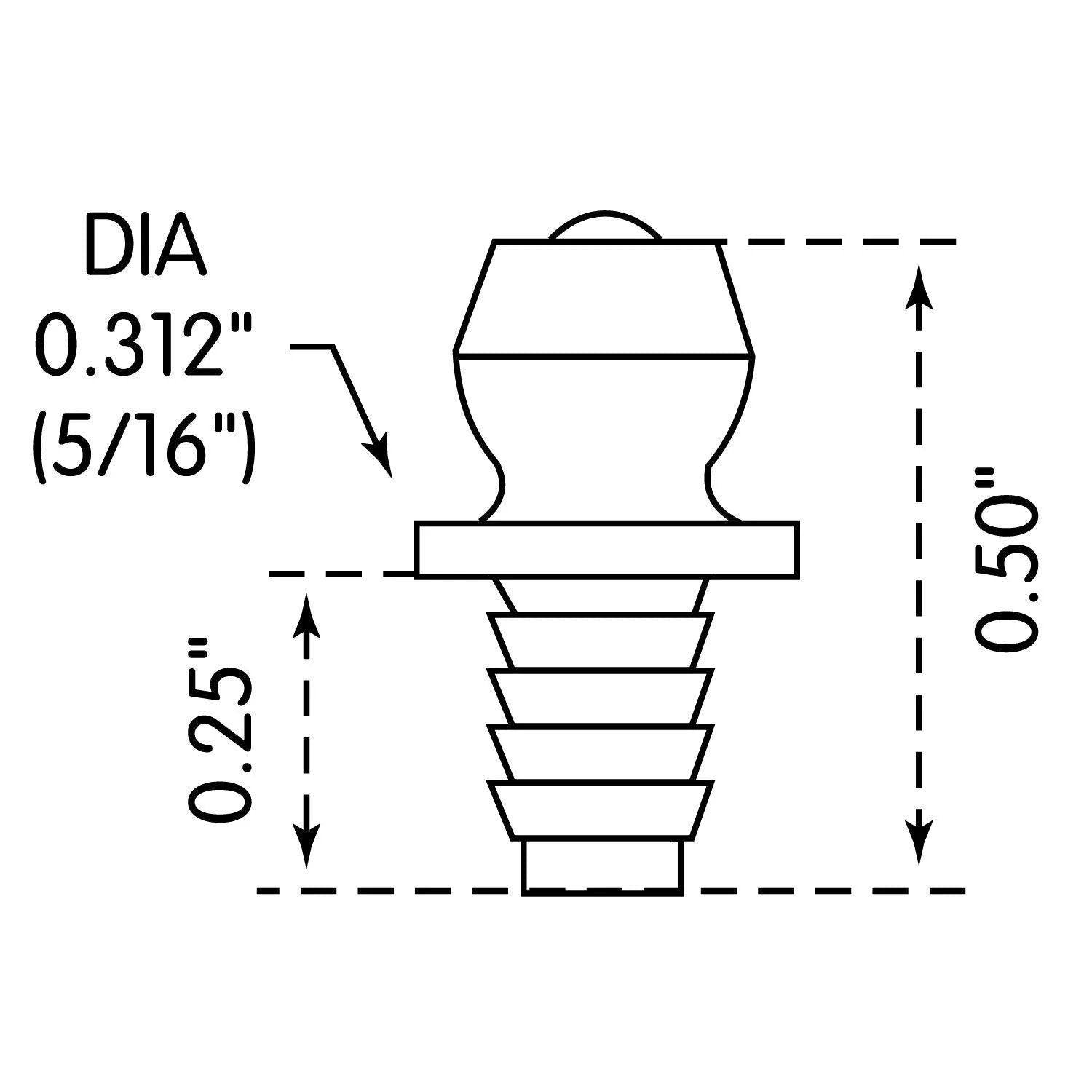 Diagram of Heavy Duty Straight Drive Grease Fitting, 0.50 inch length, for 3/16 inch holes, gold and silver finish, serrated shank, Lumax LX3505 10