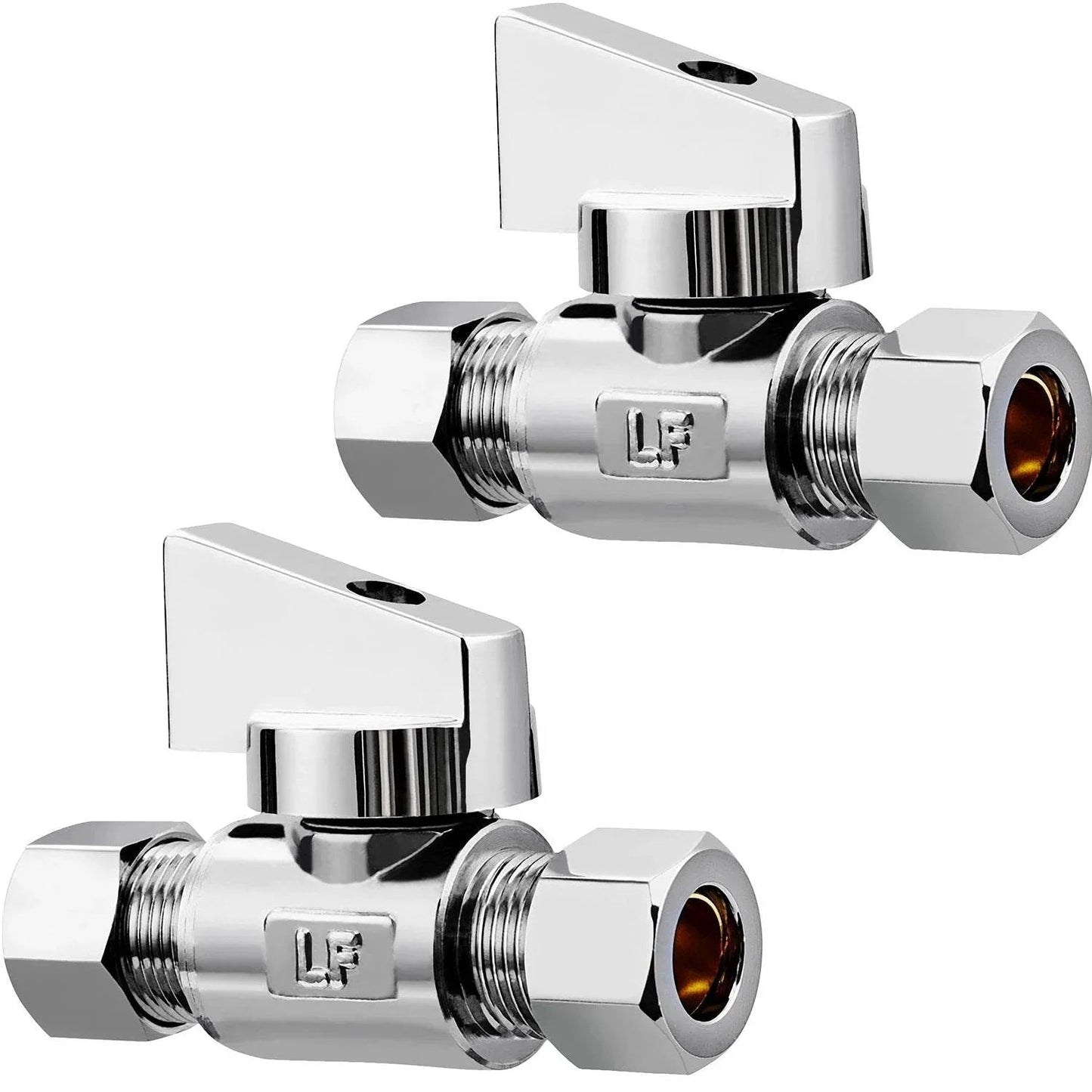 Premium Brass One Quarter Inch Compression Angle Valve Two Pack Chrome Finish Quarter Turn Water Shutoff Lead Free Corrosion Resistant Fits One Quarter Inch OD Tubing For Kitchen Bath Laundry Plumbing