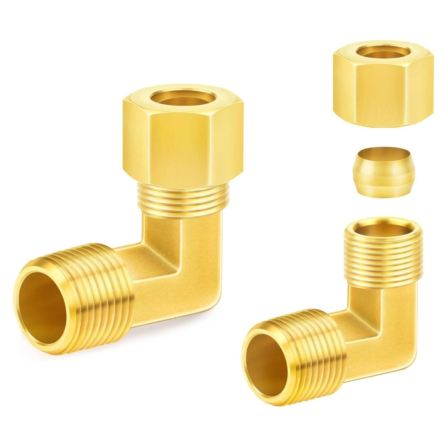 Brass 90 Degree Compression Tube Fitting Five Eighths Inch Tube OD to One Half Inch NPT Male Union Connector Two Pack Pro Grade Beefy Heavy Duty