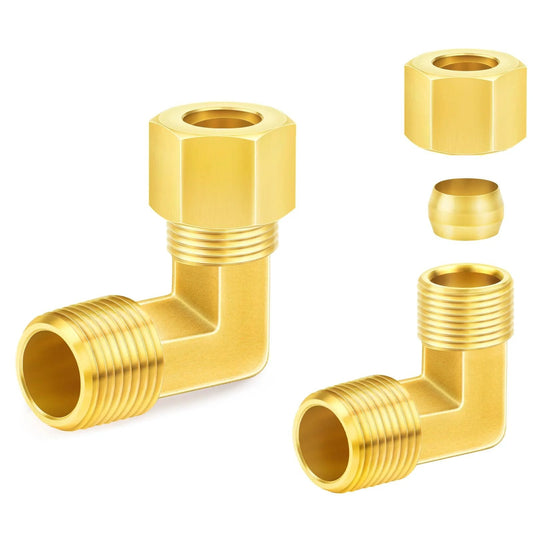 Brass 90 Degree Compression Tube Fitting Five Eighths Inch Tube OD to One Half Inch NPT Male Union Connector Two Pack Pro Grade Beefy Heavy Duty